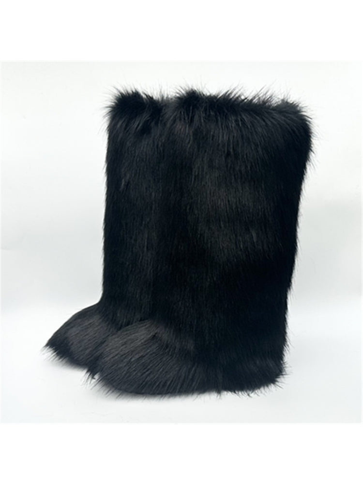 Black furry high top boots by wholesale7 resembling pink fluff high top boots style
