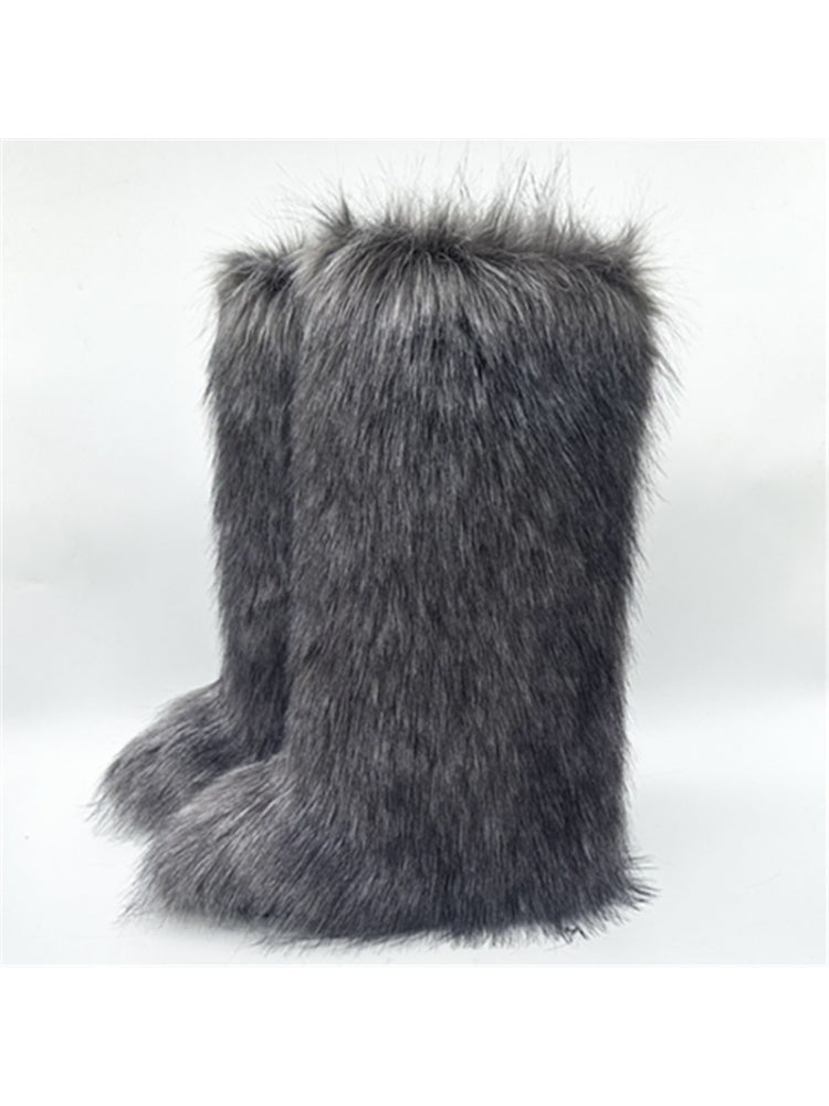 Gray faux fur high top boots with thick fluffy texture by wholesale7