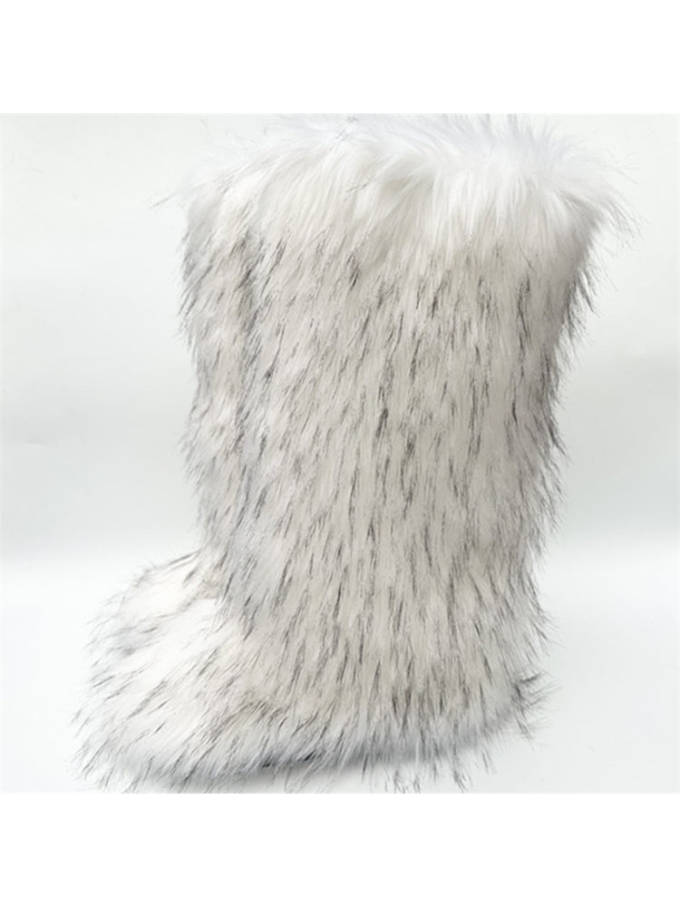 Wholesale7 white fluffy boots resembling pink fluff high top boots with faux fur texture