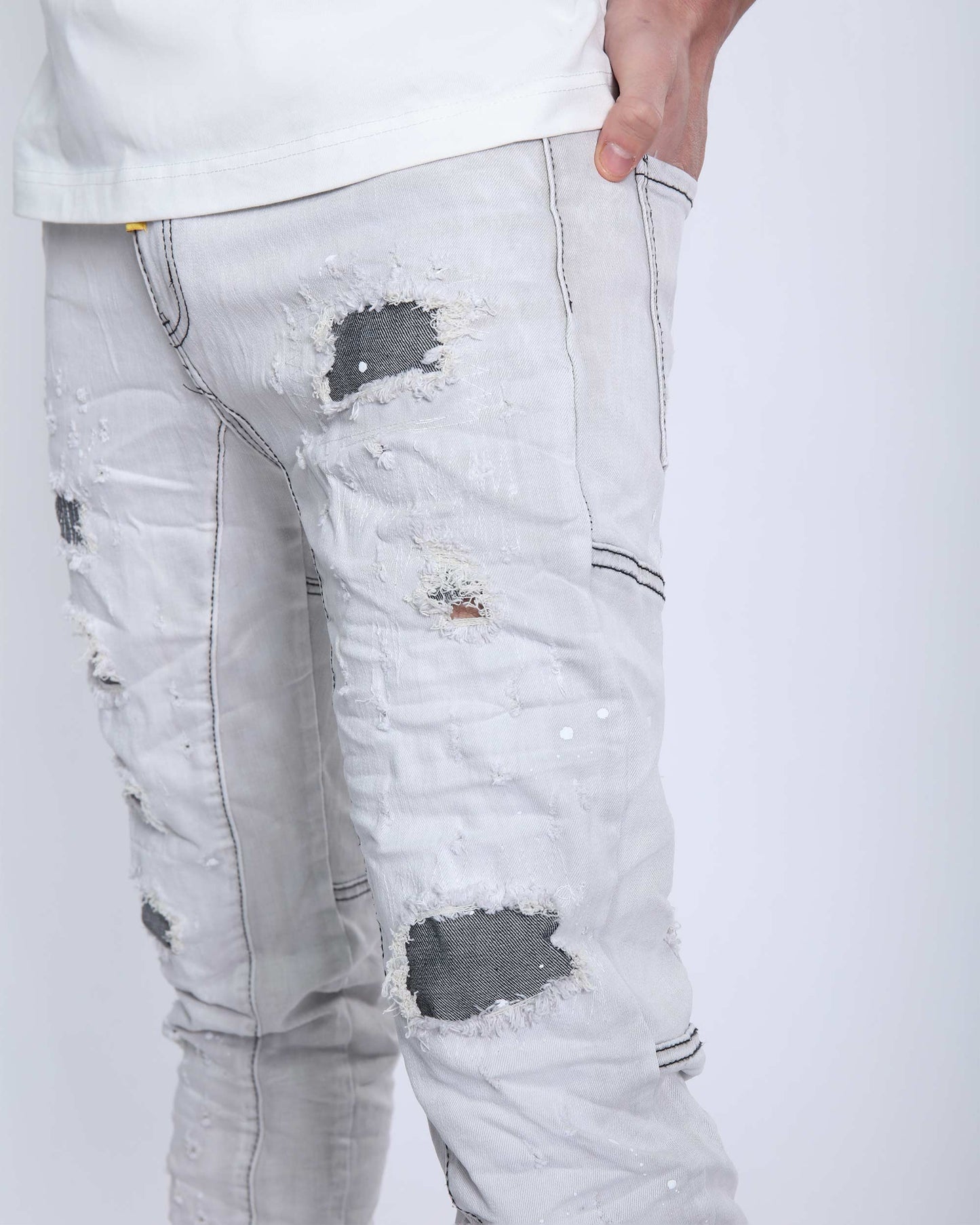 Logeqi slim fit gray distressed jeans featuring ripped details and a modern slim silhouette