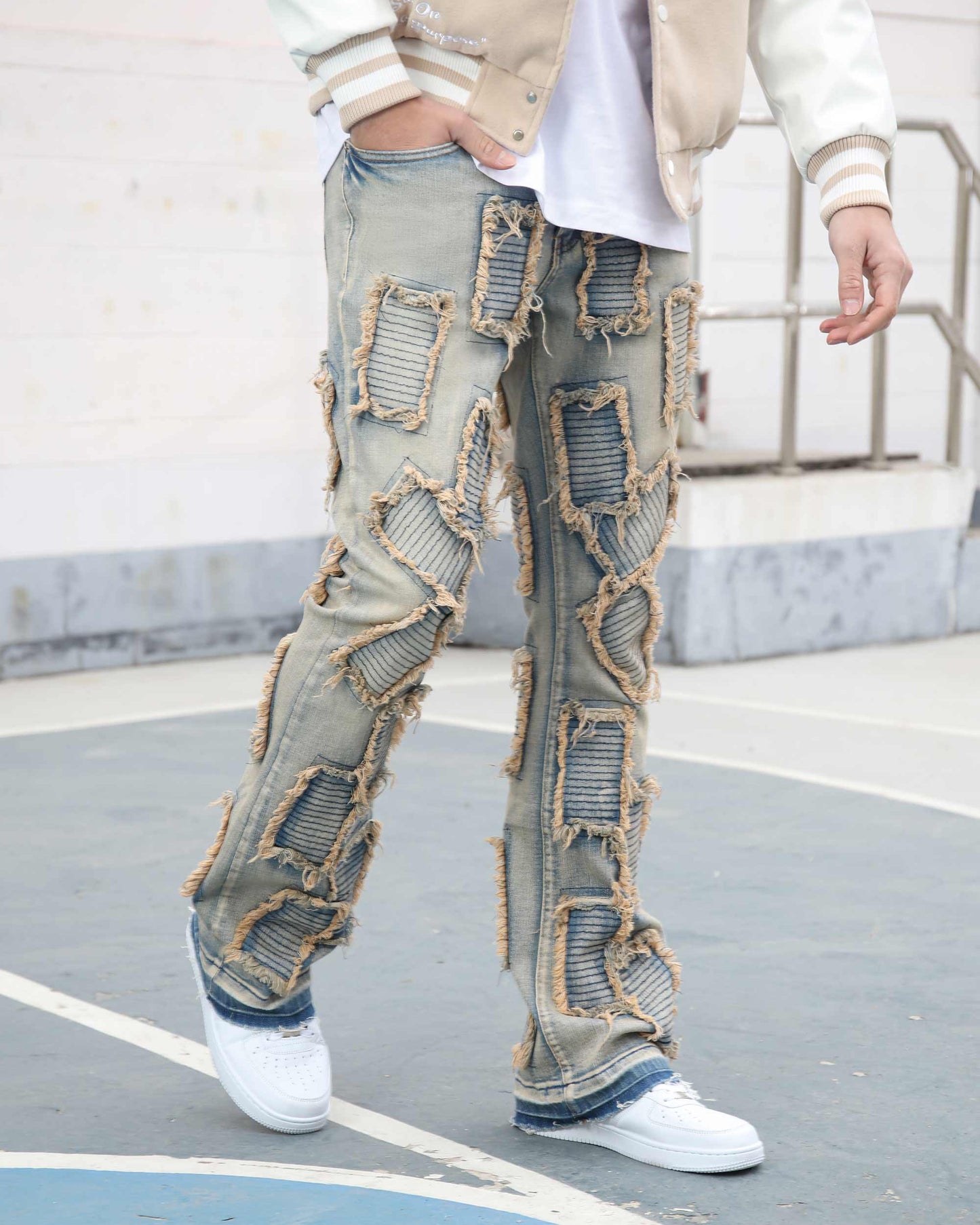 Logeqi vintage blue flared jeans with unique patchwork detailing for a trendy look