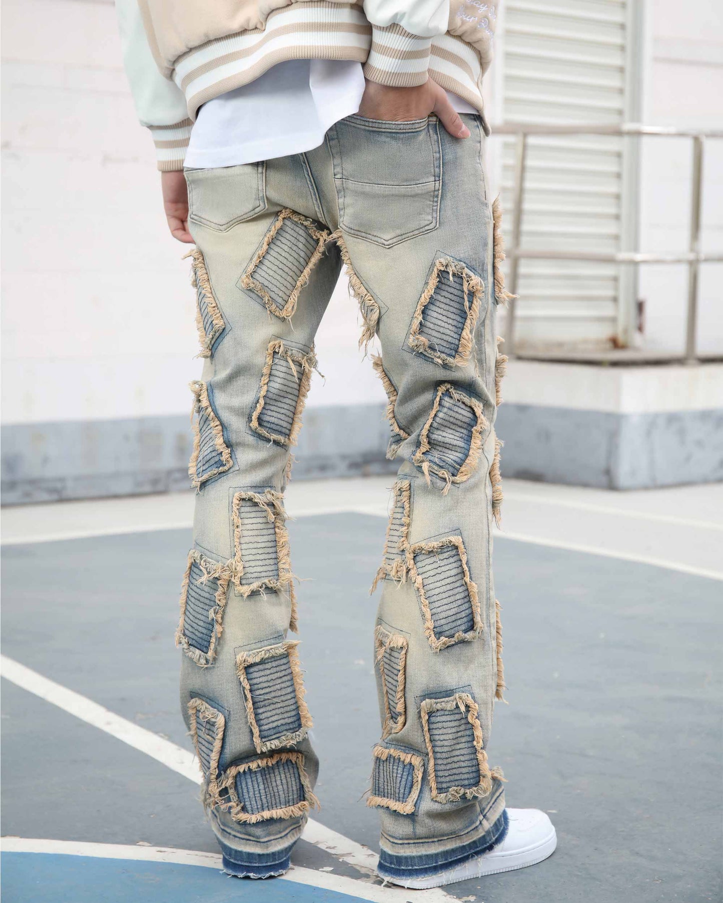 Logeqi vintage blue flared jeans with distressed patches for a trendy and unique style