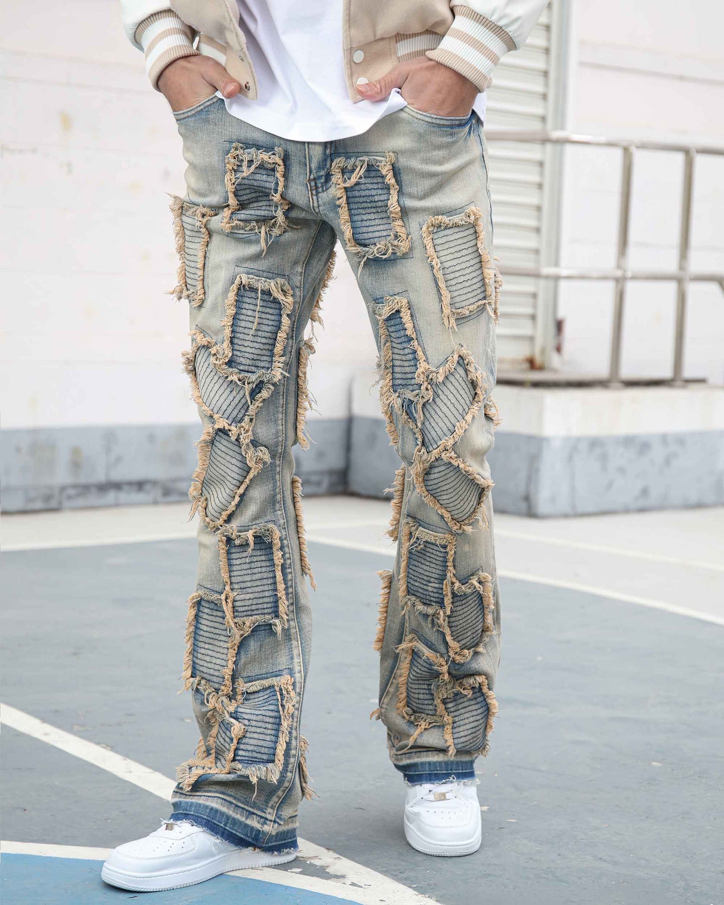Logeqi vintage blue flared jeans with unique distressed patchwork design for a trendy look