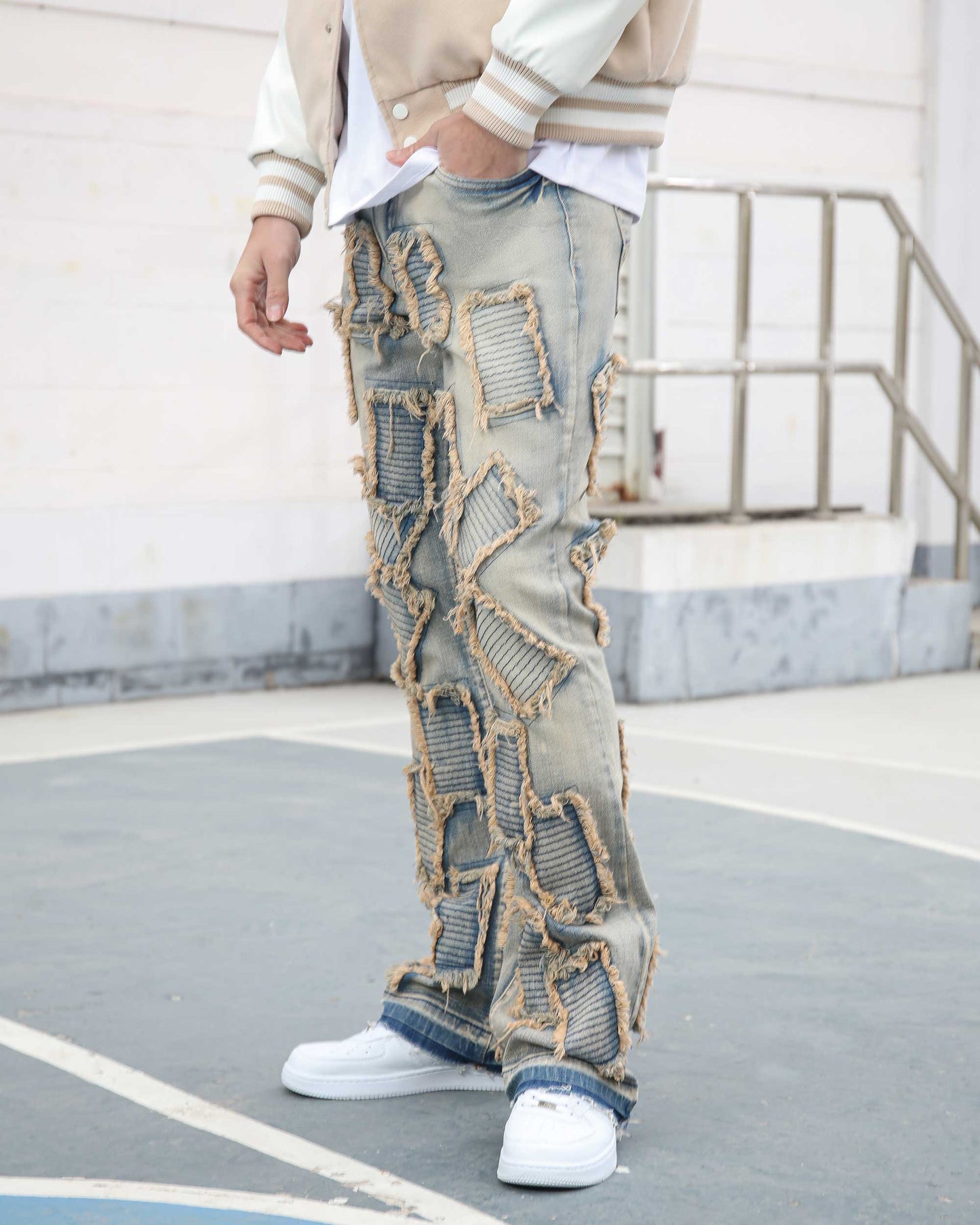 Logeqi vintage blue flared jeans with unique distressed design and stylish patchwork detailing