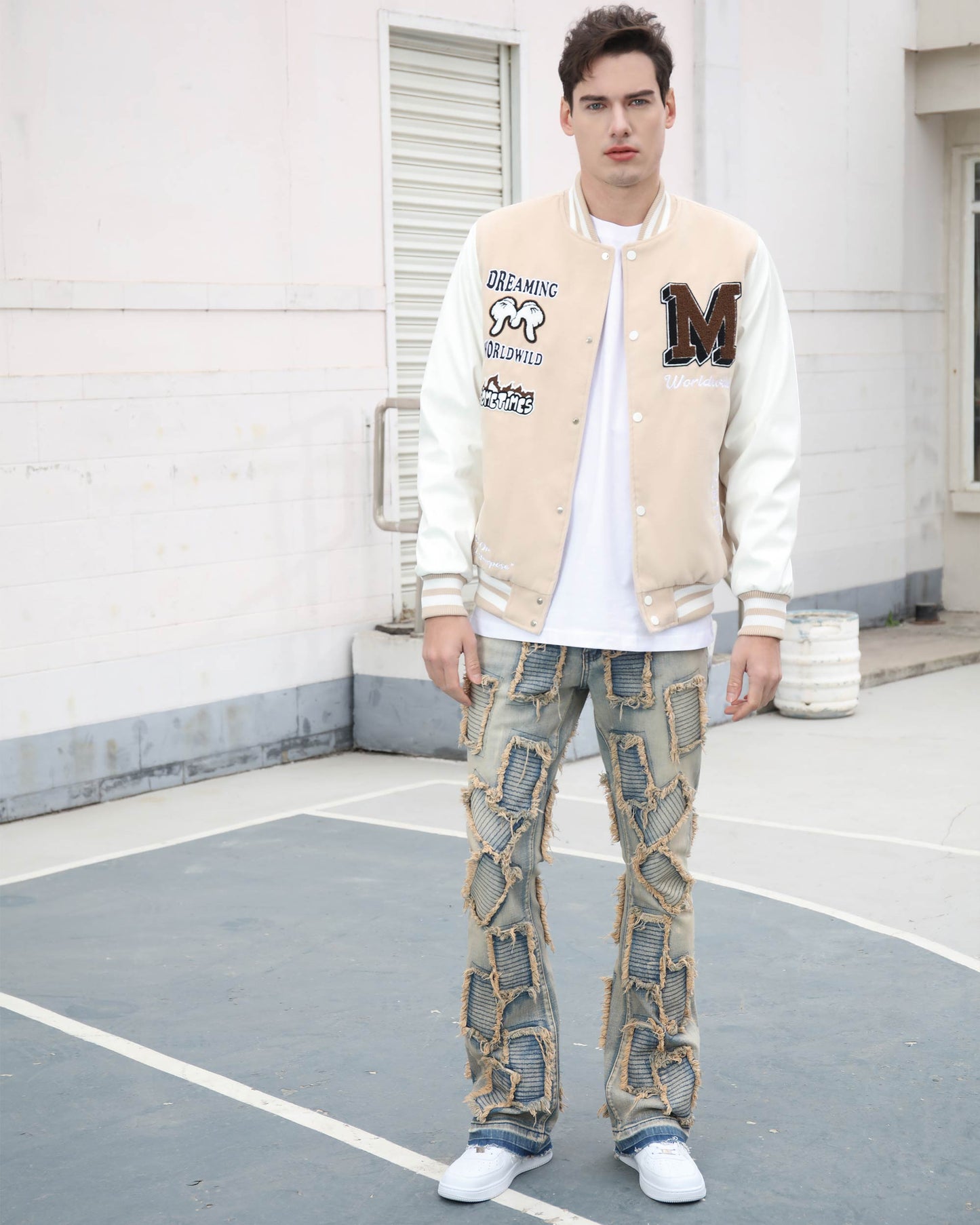 Logeqi vintage blue flared jeans featuring unique patchwork design for a stylish look