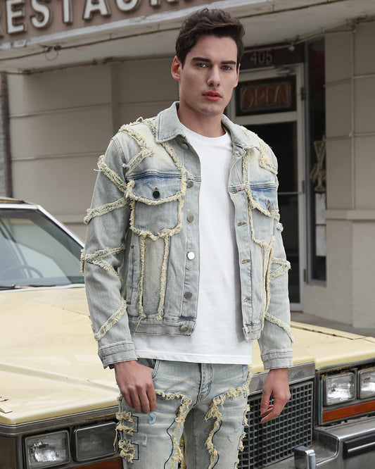 Logeqi vintage denim jacket featuring unique frayed detailing and classic design for a stylish look
