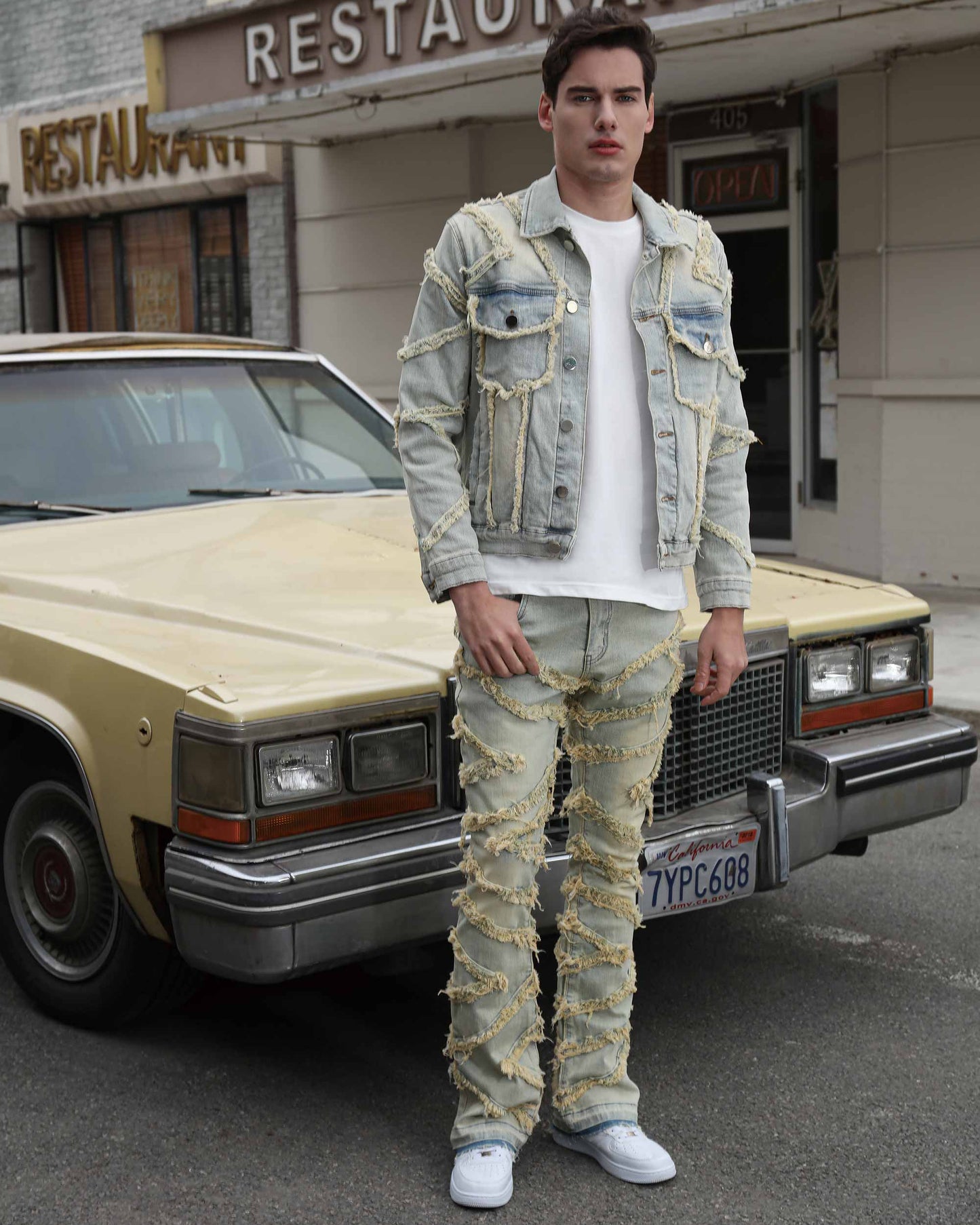 Logeqi vintage distressed blue jeans styled with a matching denim jacket for a trendy look