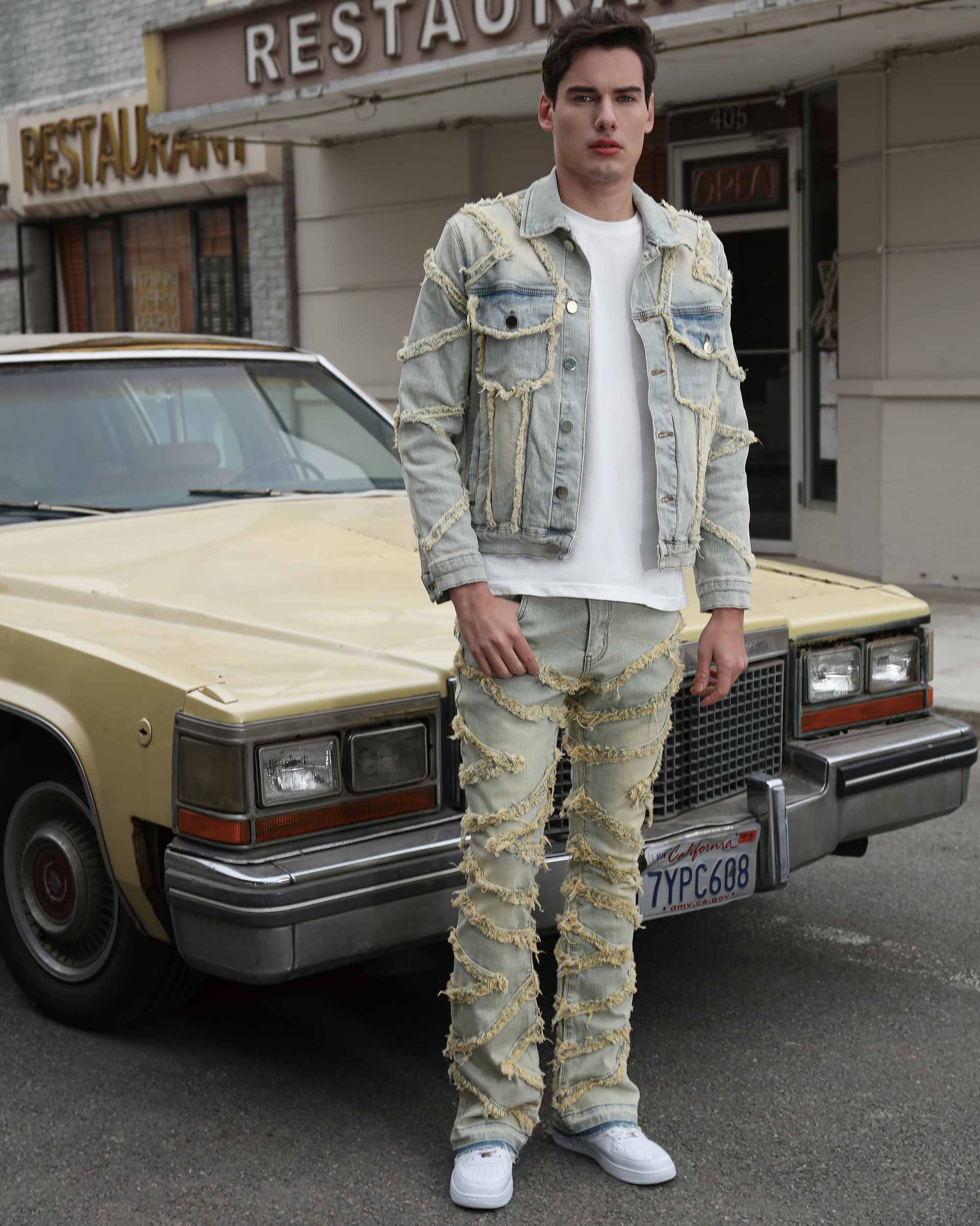 Logeqi vintage distressed blue jeans styled with a matching denim jacket for a trendy look