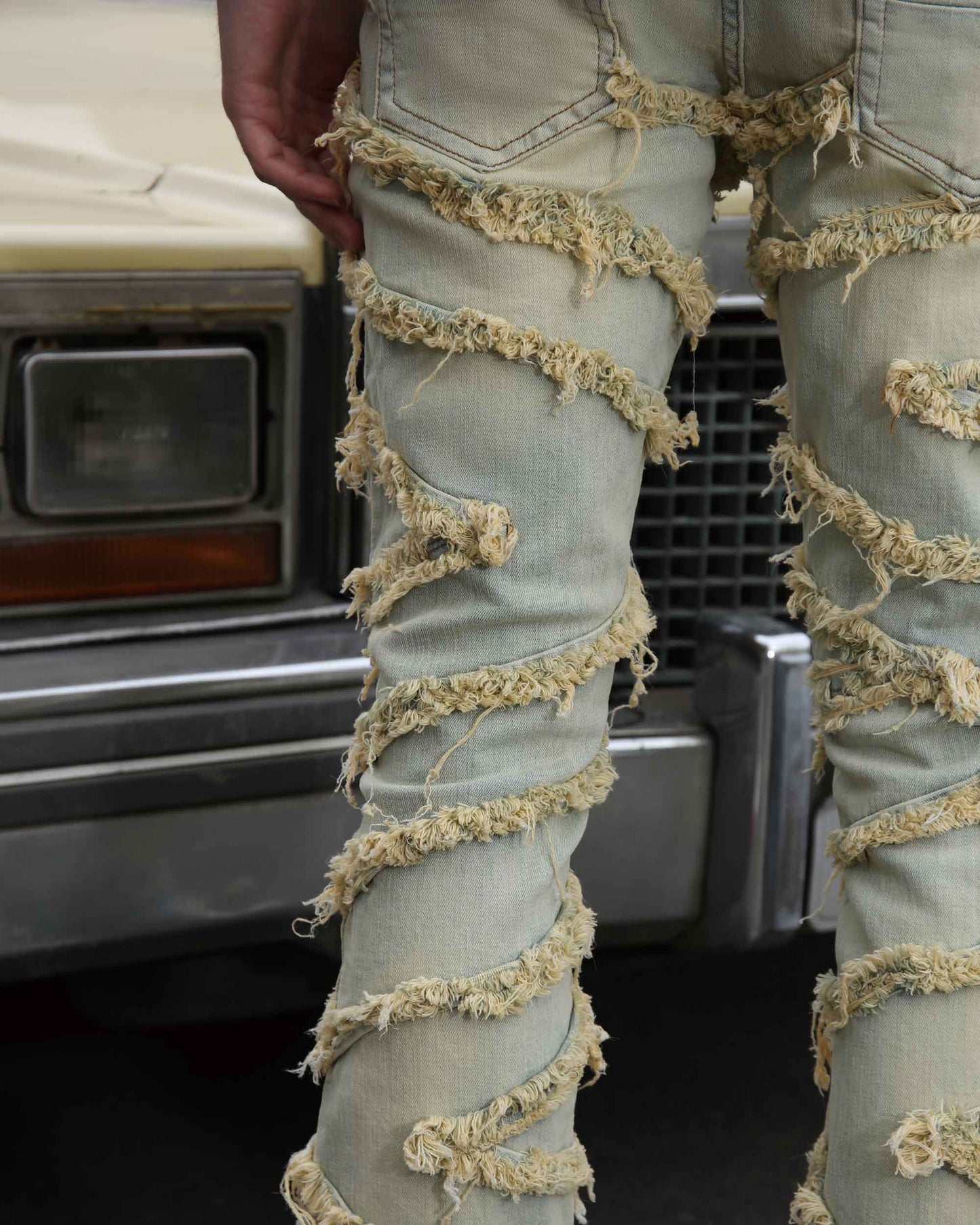 Logeqi vintage distressed blue jeans with unique frayed design for a trendy look