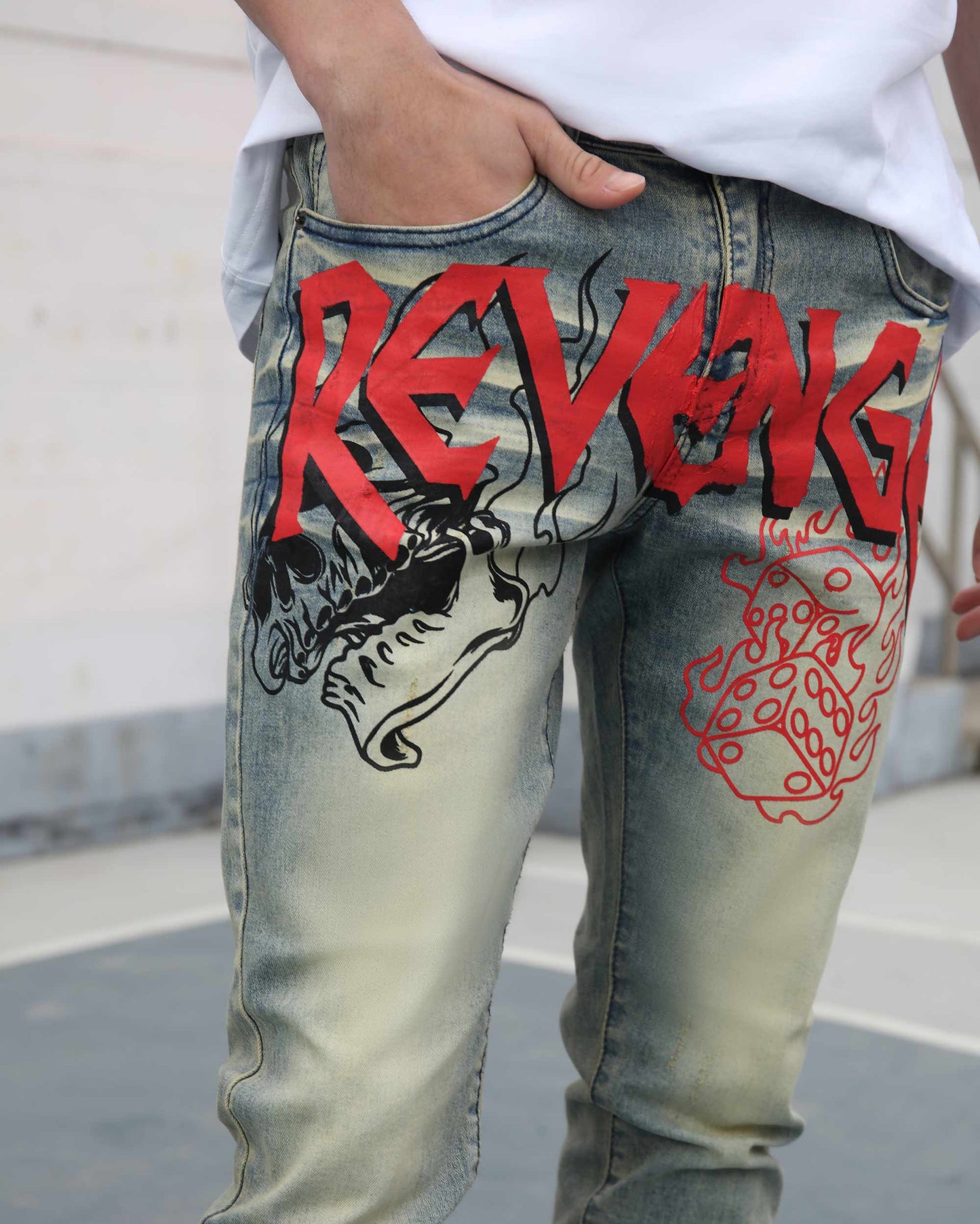 Logeqi vintage graffiti jeans with bold red and black street art designs on faded denim
