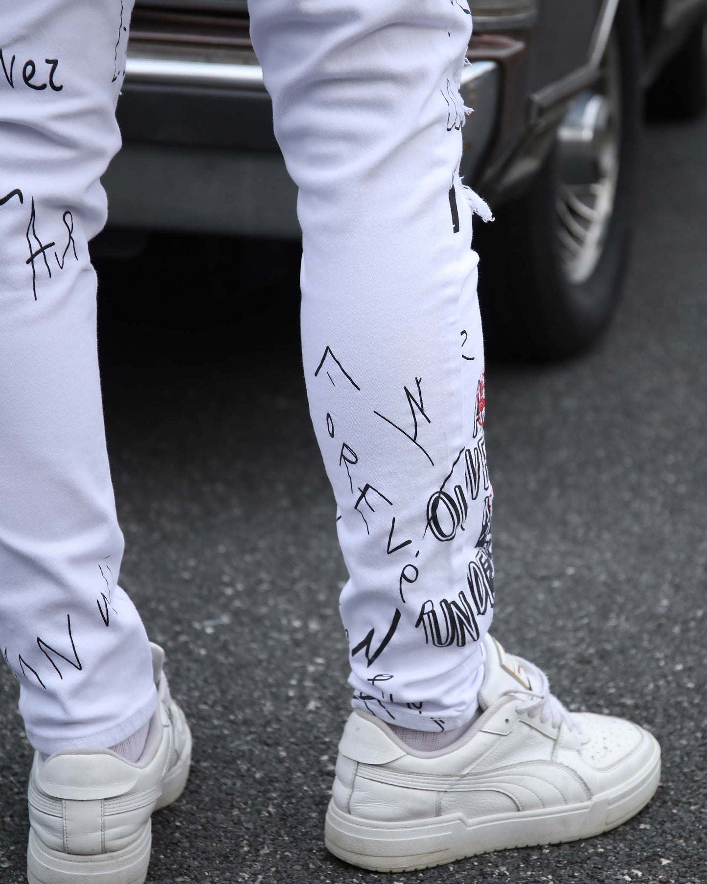 Logeqi white ripped jeans graffiti featuring stylish designs and distressing details