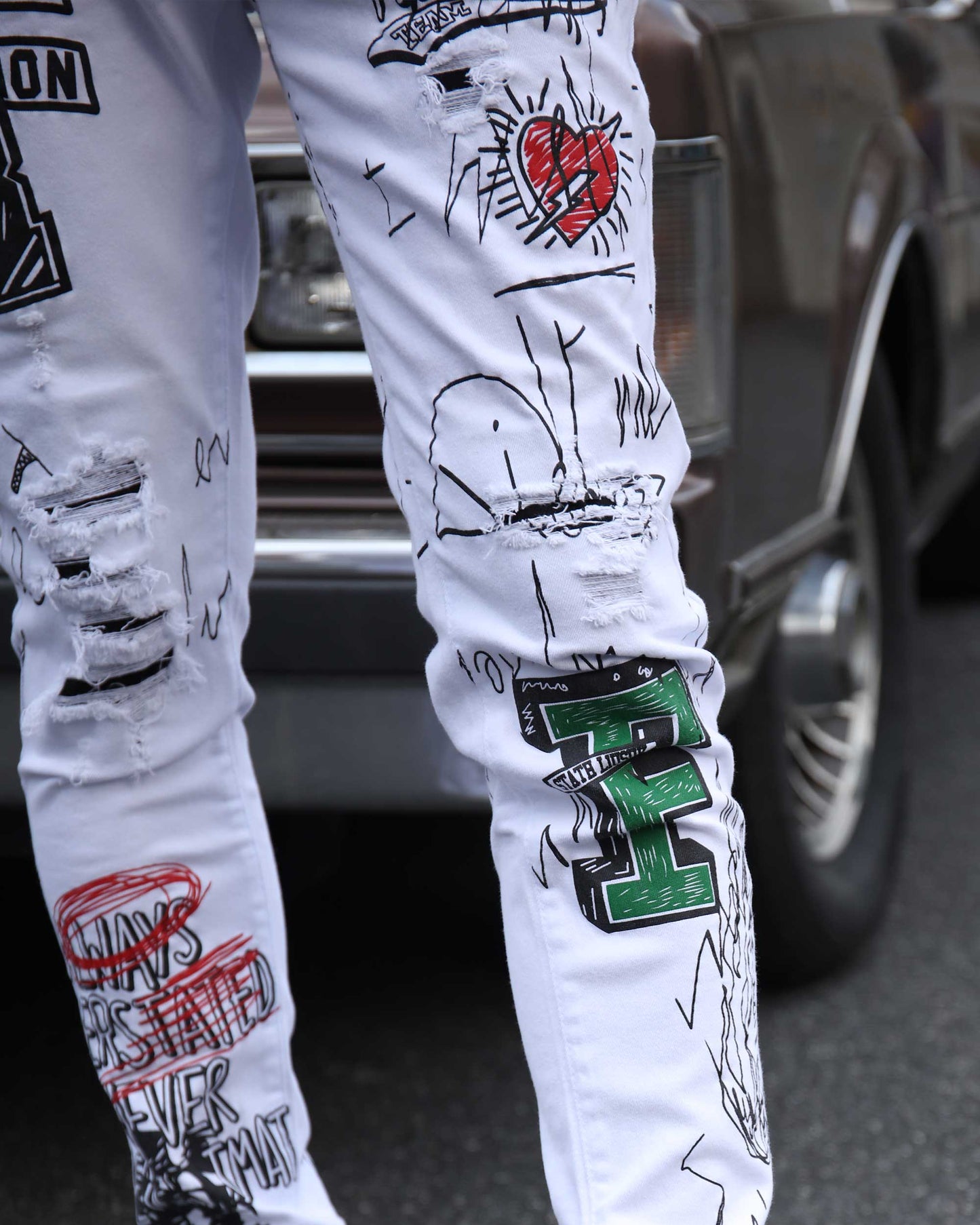 Logeqi white ripped jeans graffiti featuring unique designs and distressing for a stylish urban look