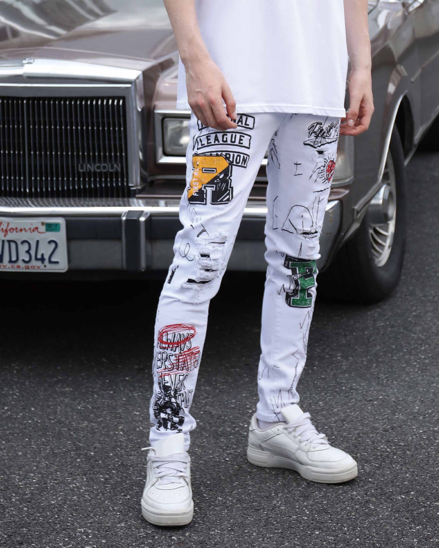 Logeqi white ripped jeans graffiti with unique designs and a stylish fit for casual wear