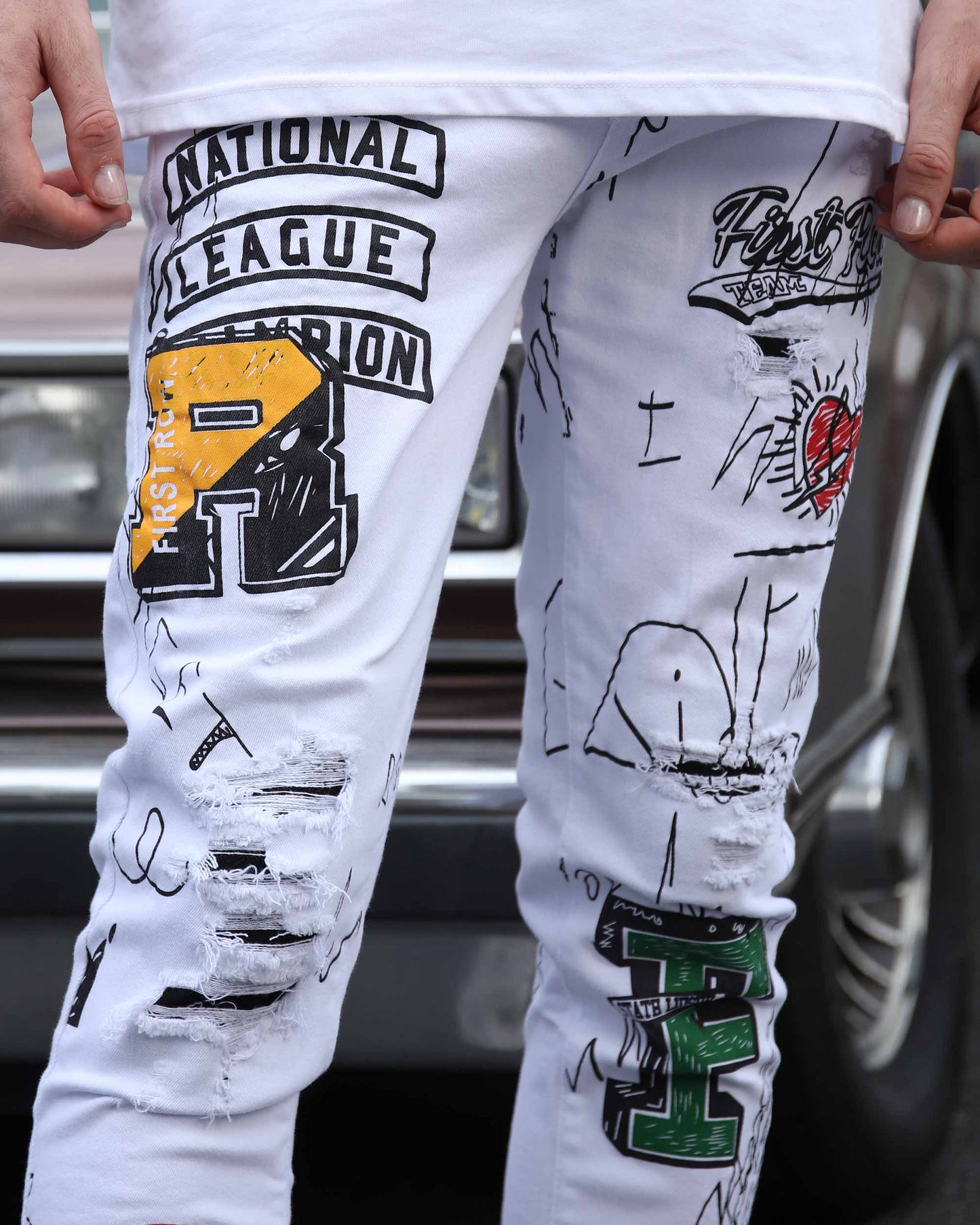 Logeqi white ripped jeans graffiti featuring unique designs and stylish distressing for a trendy look