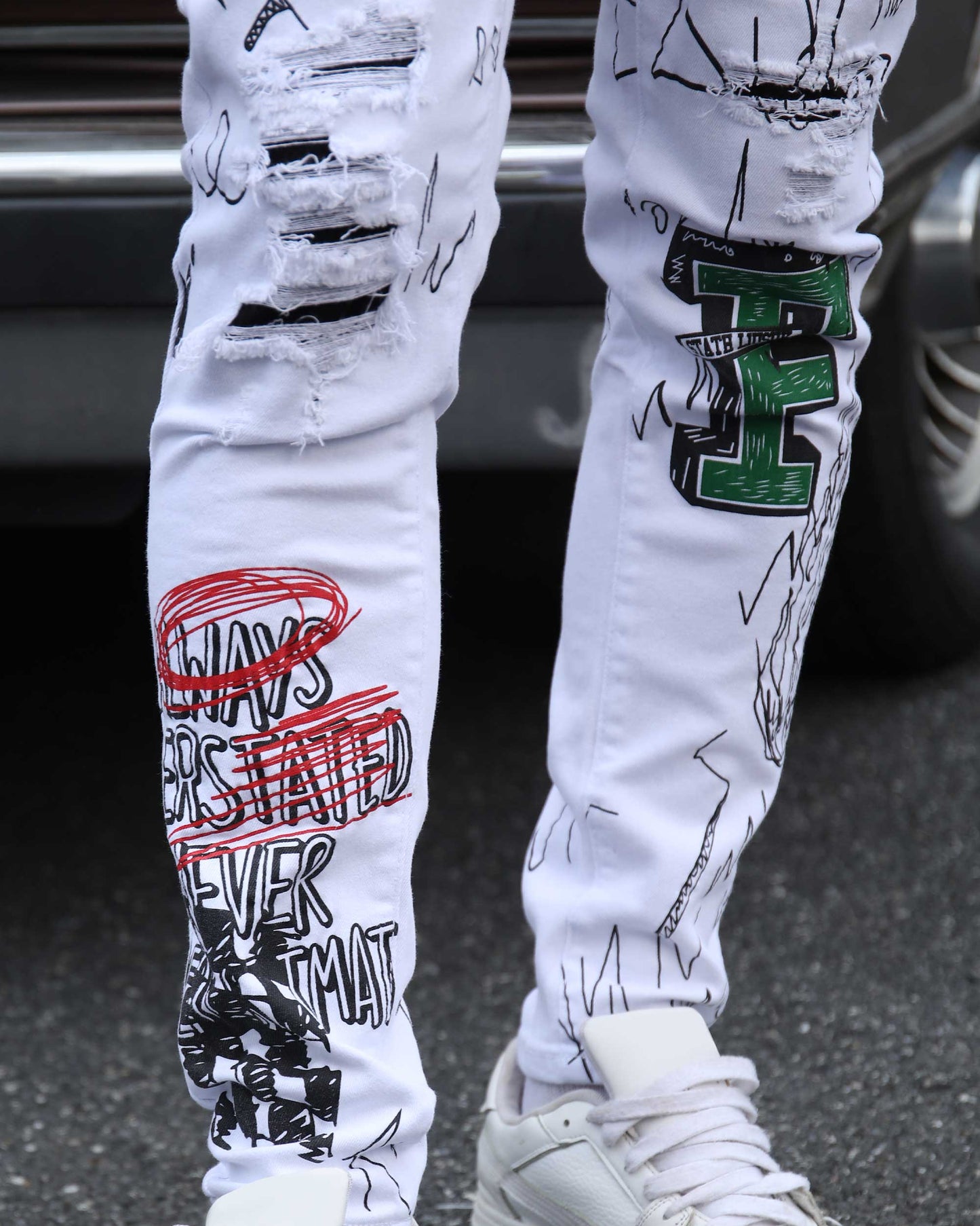 Logeqi white ripped jeans graffiti featuring unique designs and distressed details for a trendy look