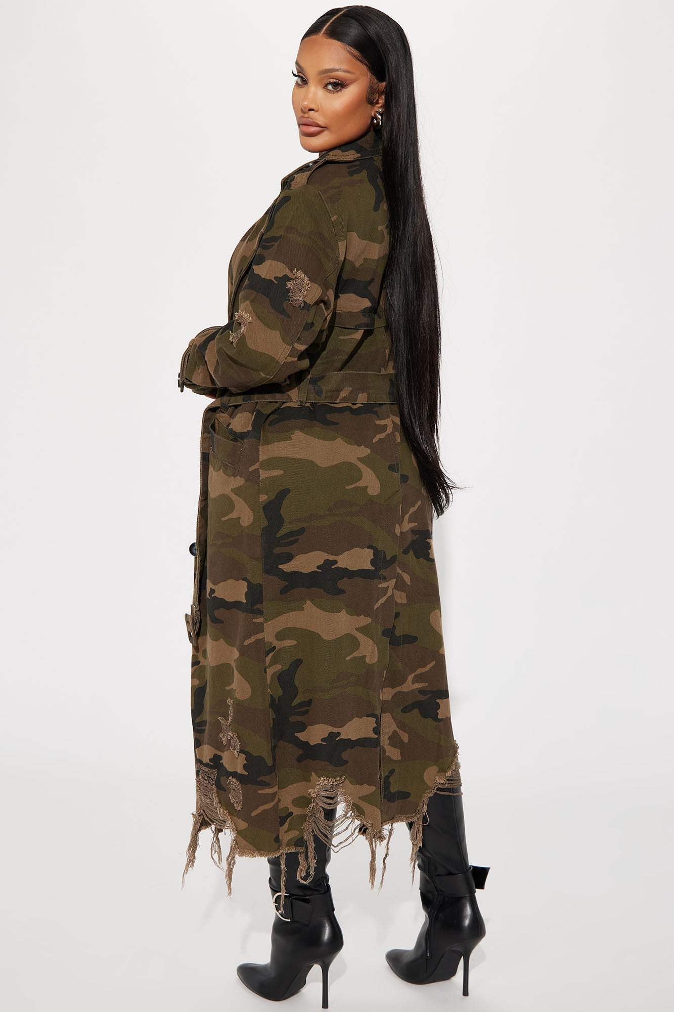 Fashion Nova women's camo trench coat with a fringe hem and stylish design for trendy outfits