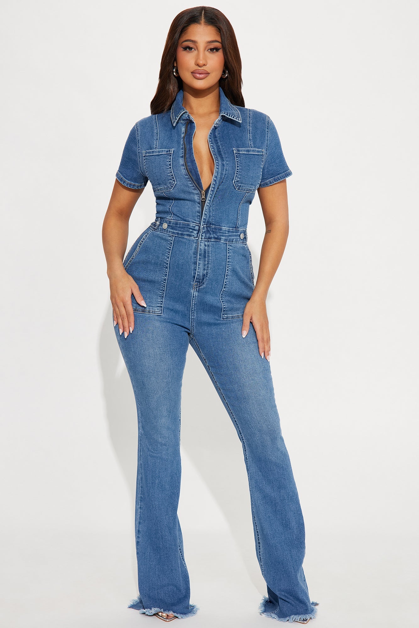 Fashion Nova women's denim jumpsuit medium wash with fitted design and short sleeves