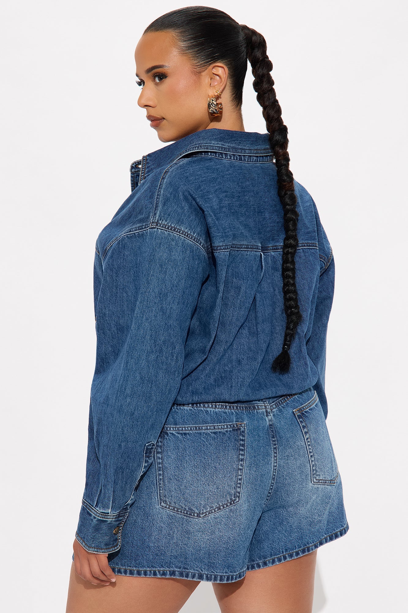 Fashion Nova women's denim romper with a stylish cropped jacket design and shorts