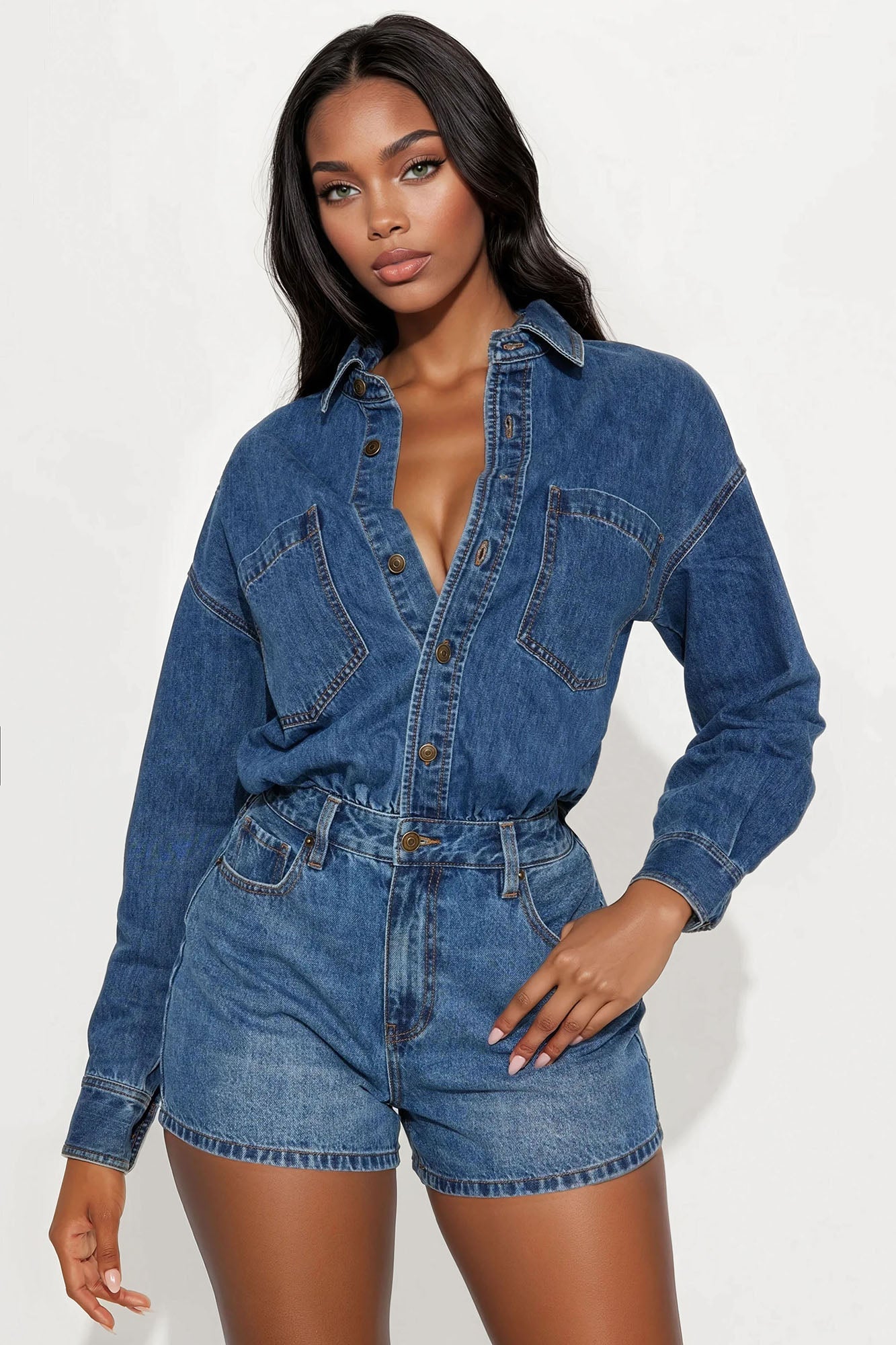 Fashion Nova women's denim romper with long sleeves and button front for a stylish summer look