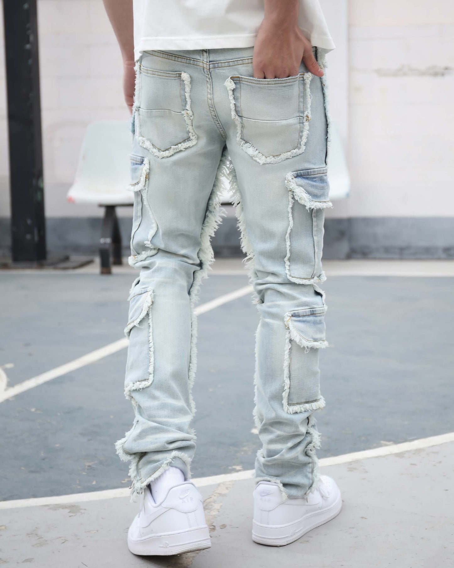 Logeqi distressed workwear flared jeans in light blue with multiple pockets and a trendy design
