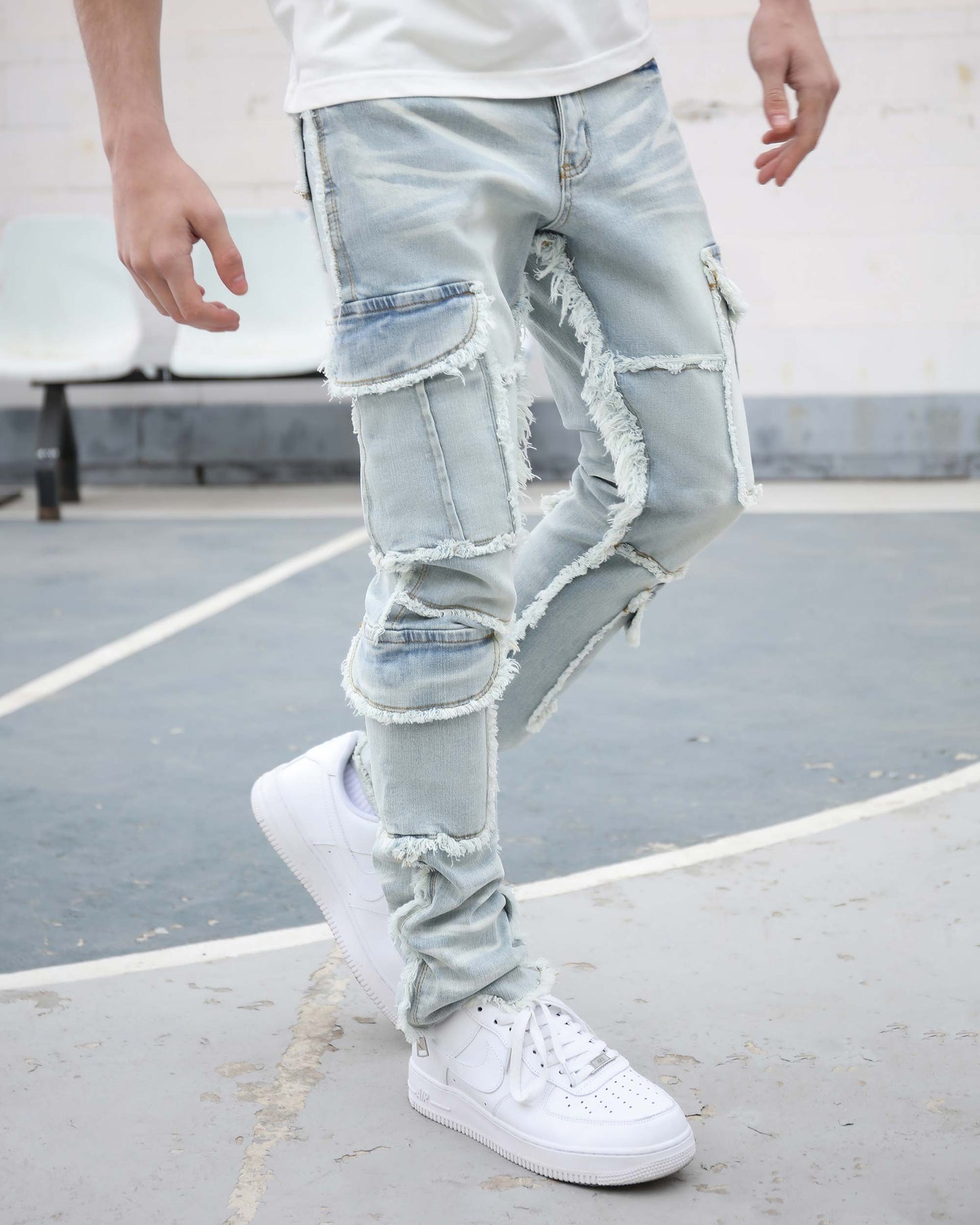 Logeqi workwear flared jeans with distressed detailing and a relaxed fit for casual style