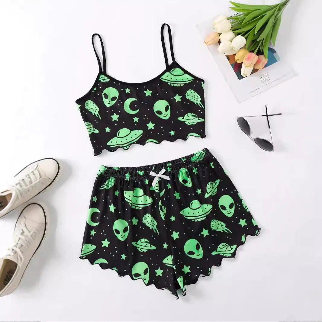 Spooktacular Comfort: Women's Halloween-Themed Polyester Fiber Two-Piece Pajama Set