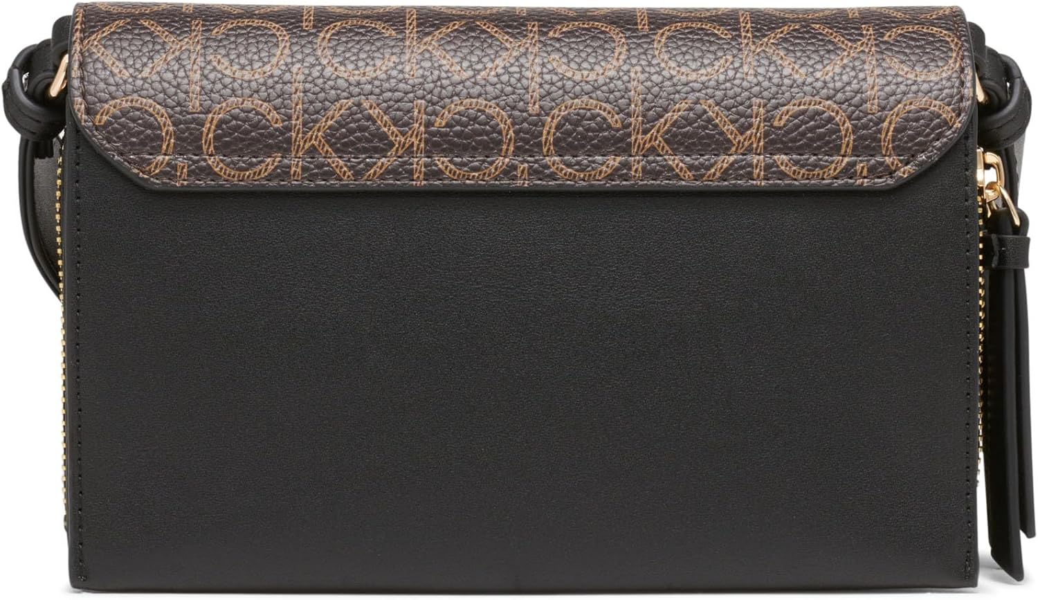 Calvin Klein Millie crossbody bag featuring a brown logo print and sleek black design for stylish convenience
