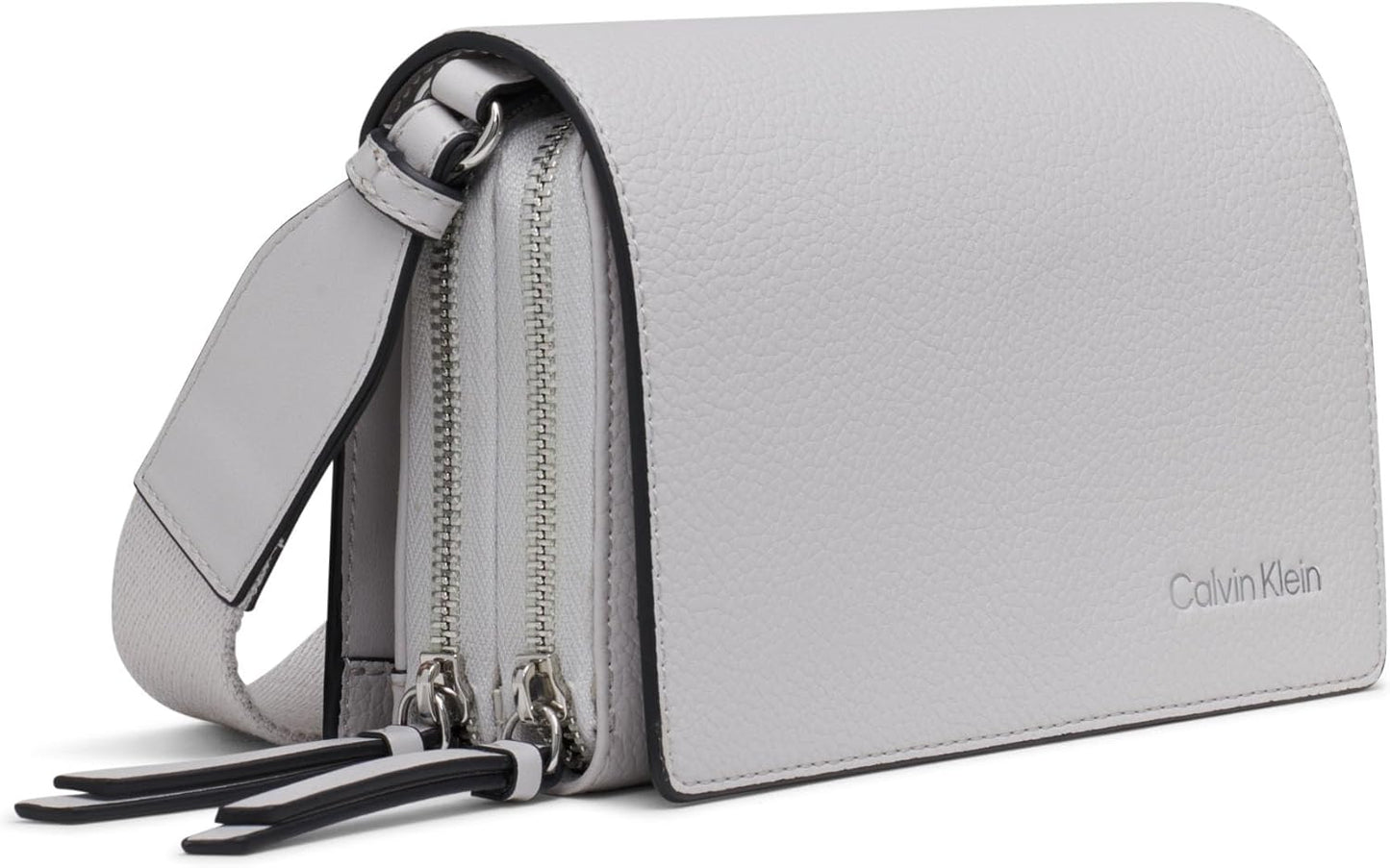 Calvin Klein Millie crossbody bag in light gray with zippered compartments and adjustable strap