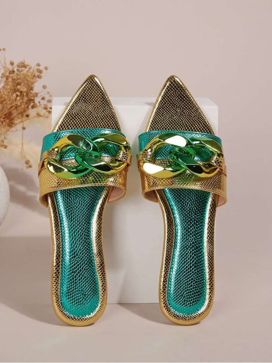 Wholesale7 acrylic pointed toe slippers in metallic gold and green with chain detail