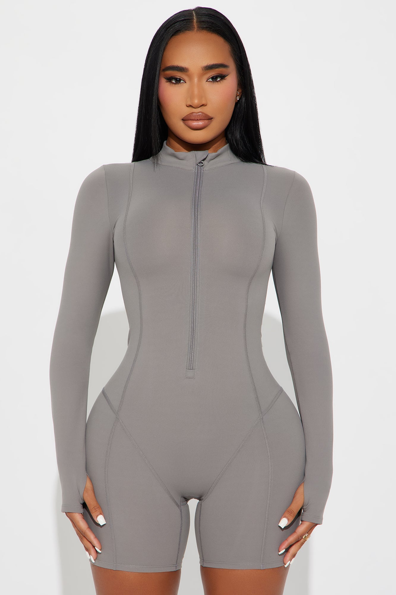 Fashion Nova Grey Long Sleeve Active Romper for Women with Zip Closure and Fitted Design