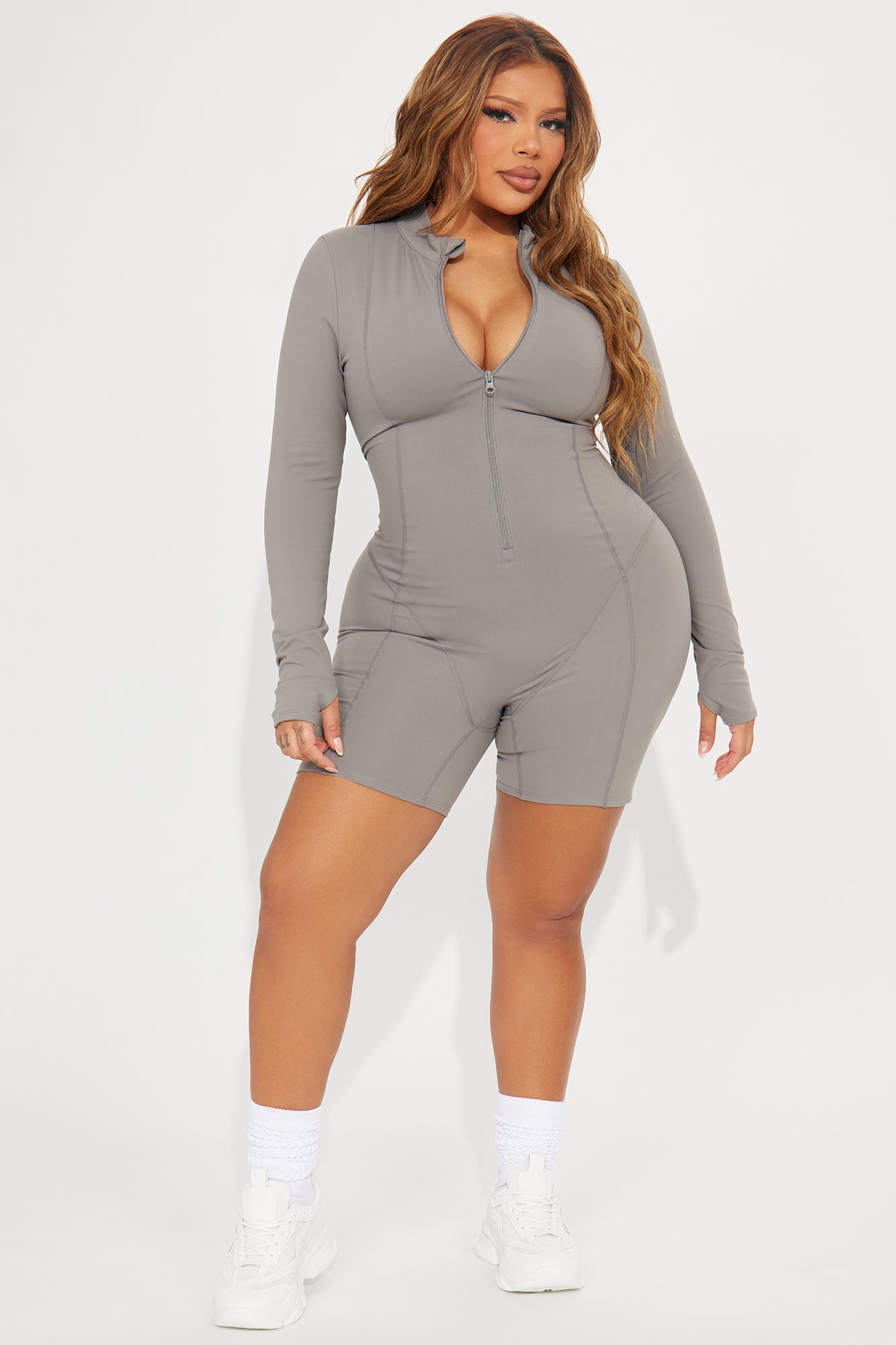 Fashion Nova Gray Active Romper for Women with Long Sleeves and Zip Front Design