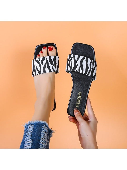 Wholesale7 animal print square toe slippers in black and white zebra pattern with flat sole