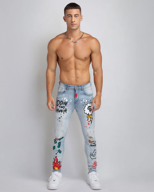 Logeqi anime style ripped jeans with graphic designs and a distressed finish for a trendy look