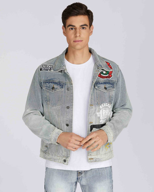 Men's Logeqi art painted denim jacket featuring unique patches and a casual fit