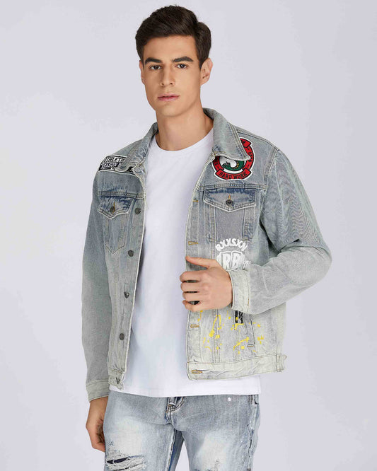 Logeqi art painted denim jacket featuring stylish patches and a modern fit for casual wear