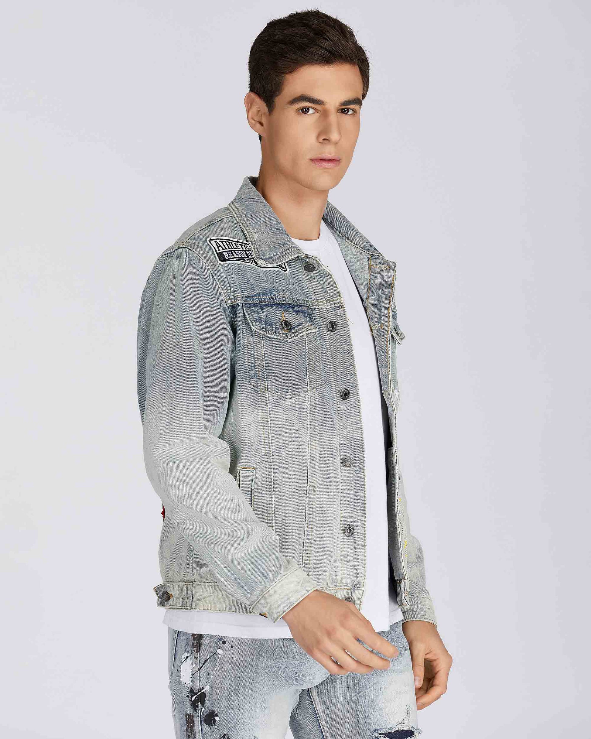 Logeqi art painted denim jacket for men with a stylish, faded look and front pockets