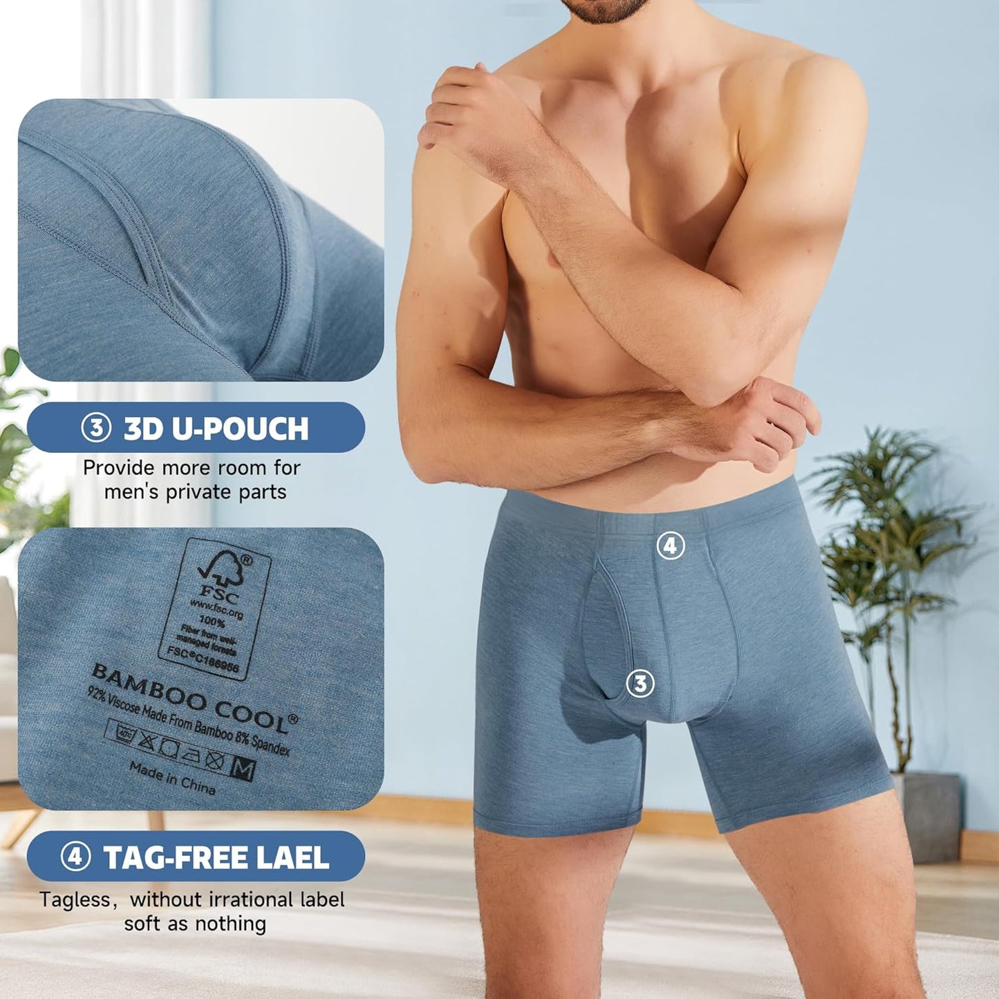 Modan Online men's bamboo boxer briefs with 3D U-pouch and tag-free label for ultimate comfort