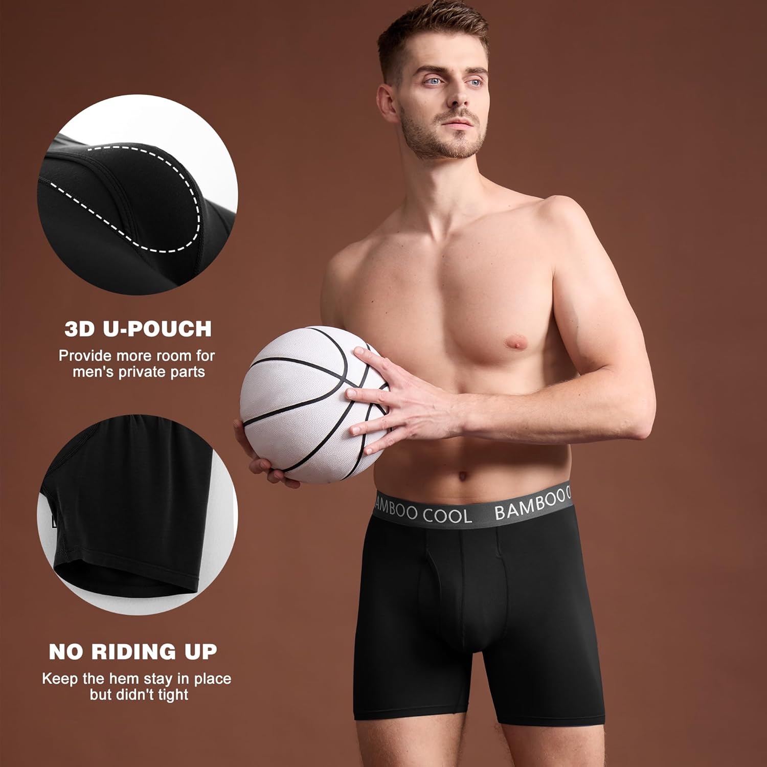 Men's bamboo boxer briefs with 3D U-Pouch and no riding up design for comfort and support