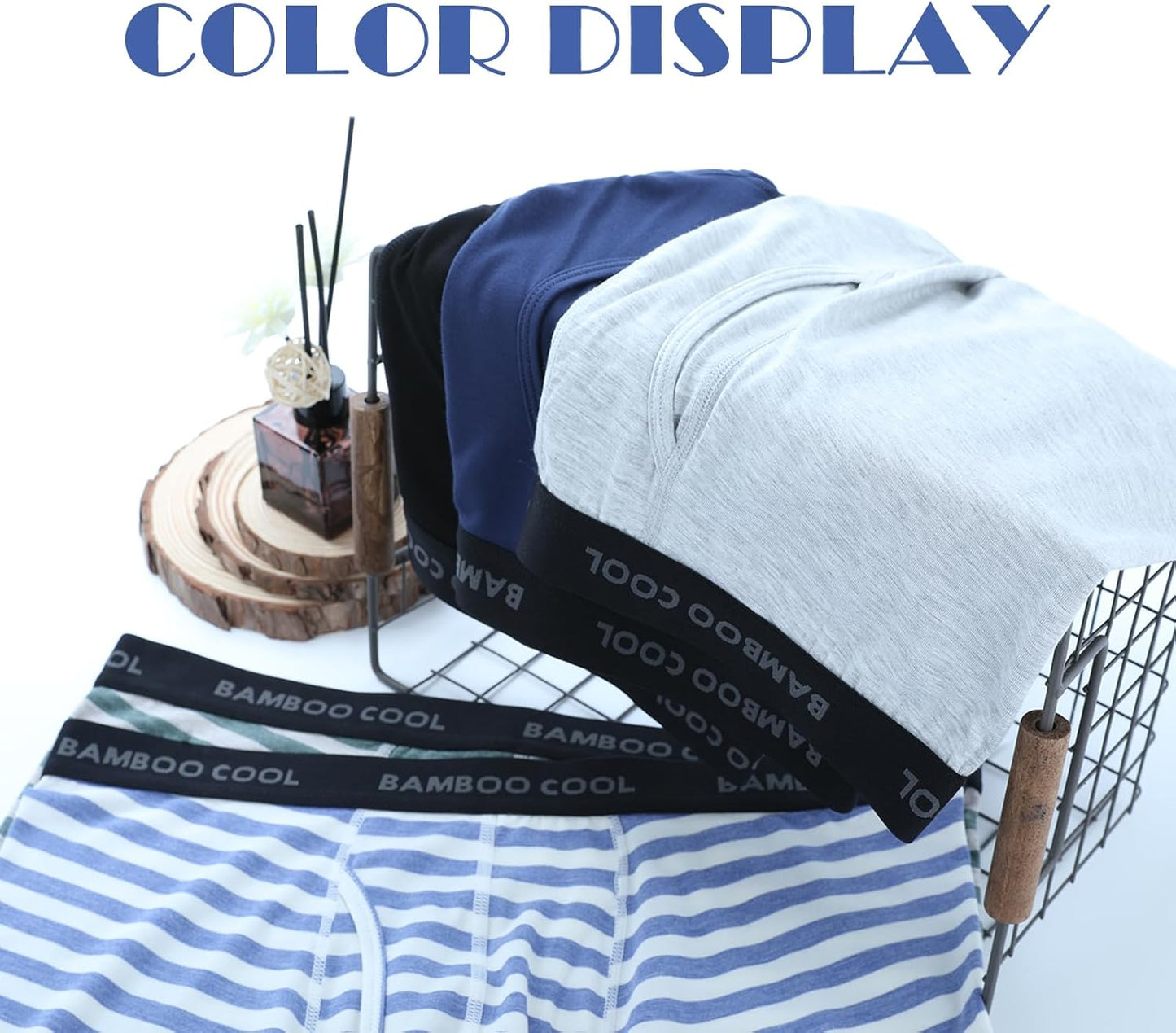 Collection of men's bamboo boxer briefs in various colors on a display rack with stylish waistband