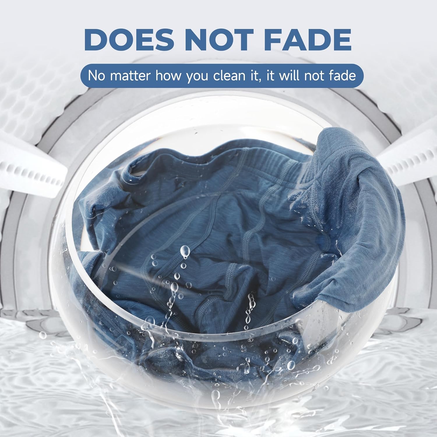 Men's bamboo boxer briefs in a washing machine, showcasing their no-fade quality during cleaning.