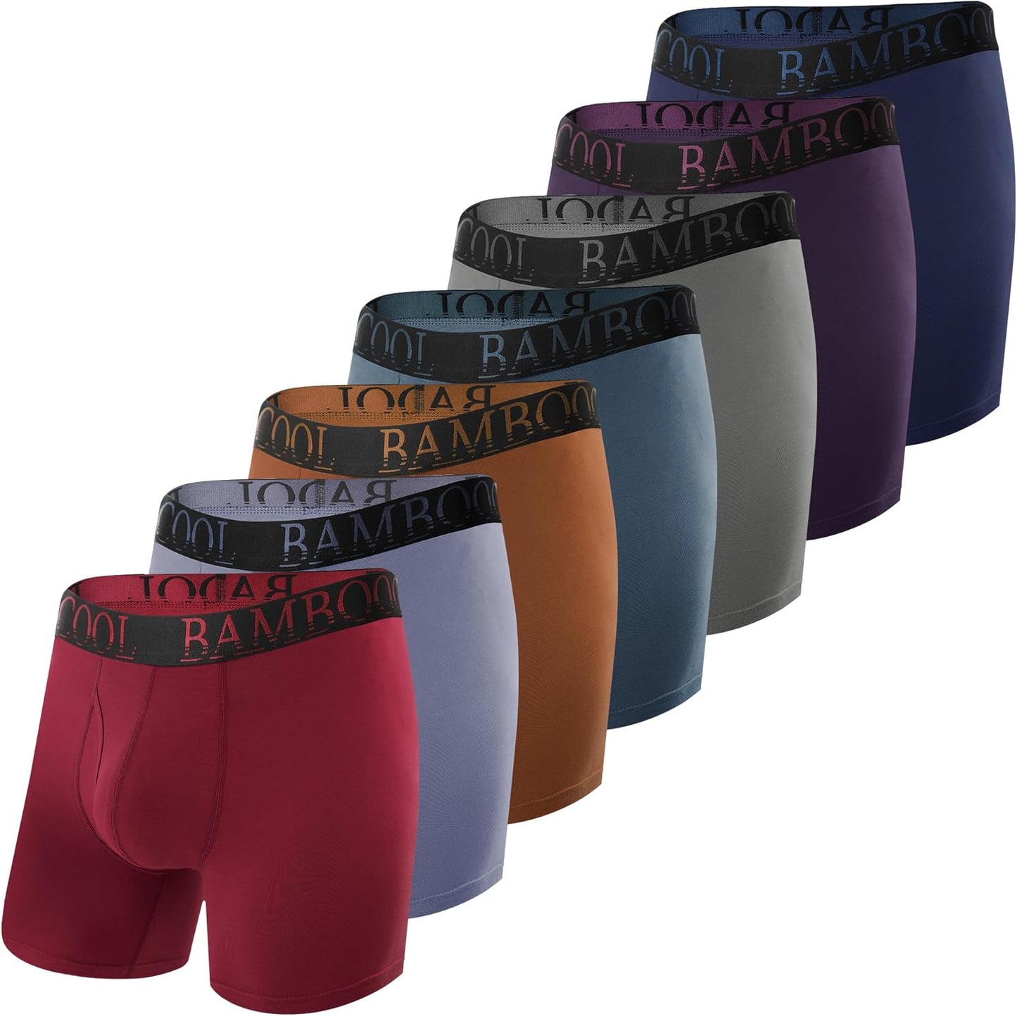 Set of 8 men's bamboo boxer briefs in various colors with elastic waistband for comfort