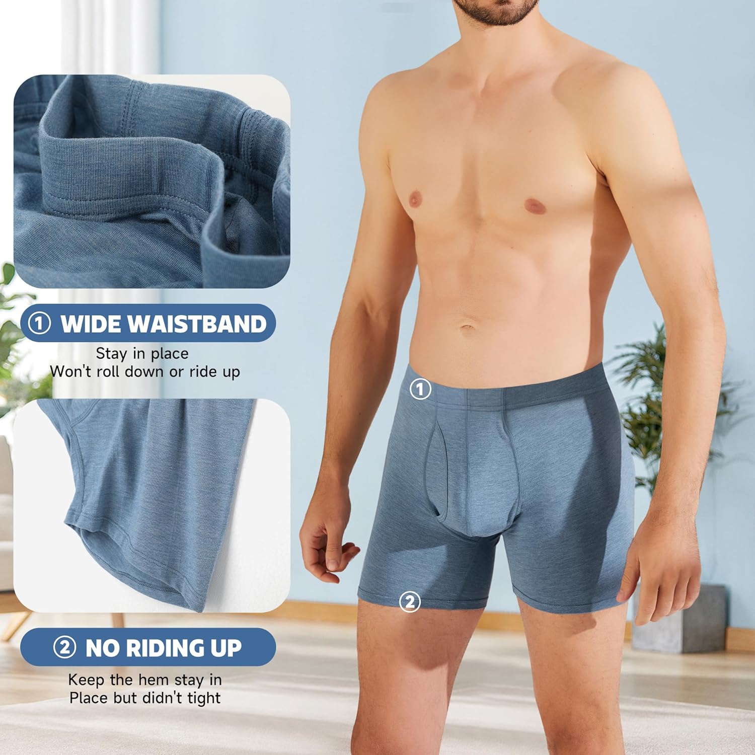 Men's bamboo boxer briefs with a wide waistband for comfort and no riding up