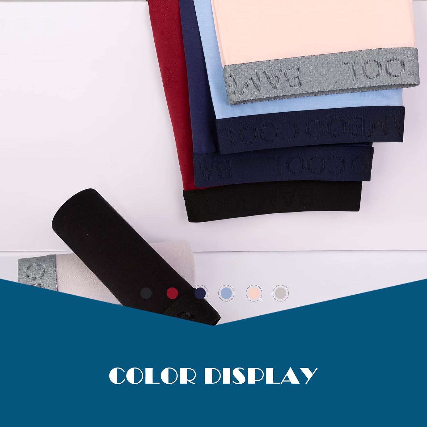 Variety of Modan Online bamboo men's boxer briefs in different colors displayed on a flat surface