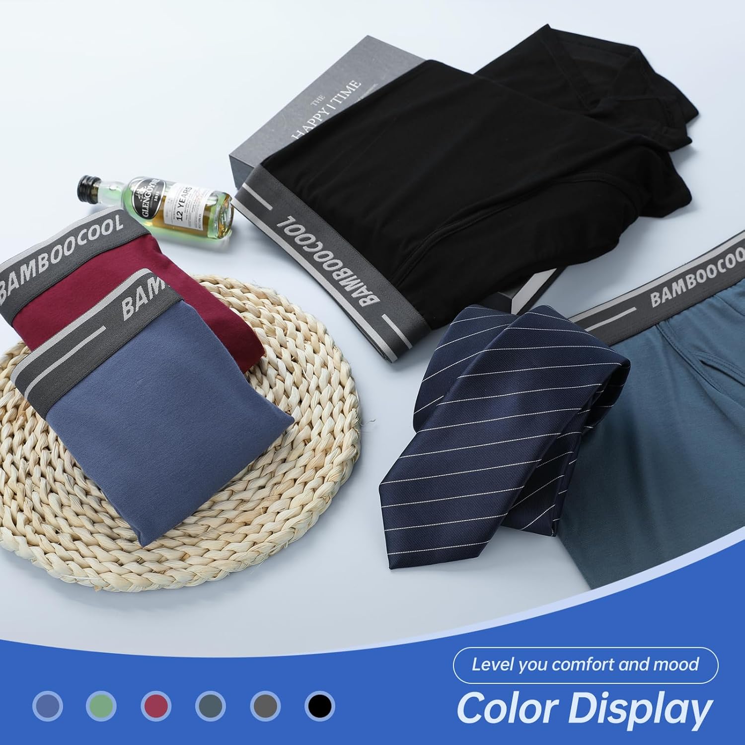 Modan Online bamboo men's boxer briefs displayed in various colors on a woven mat