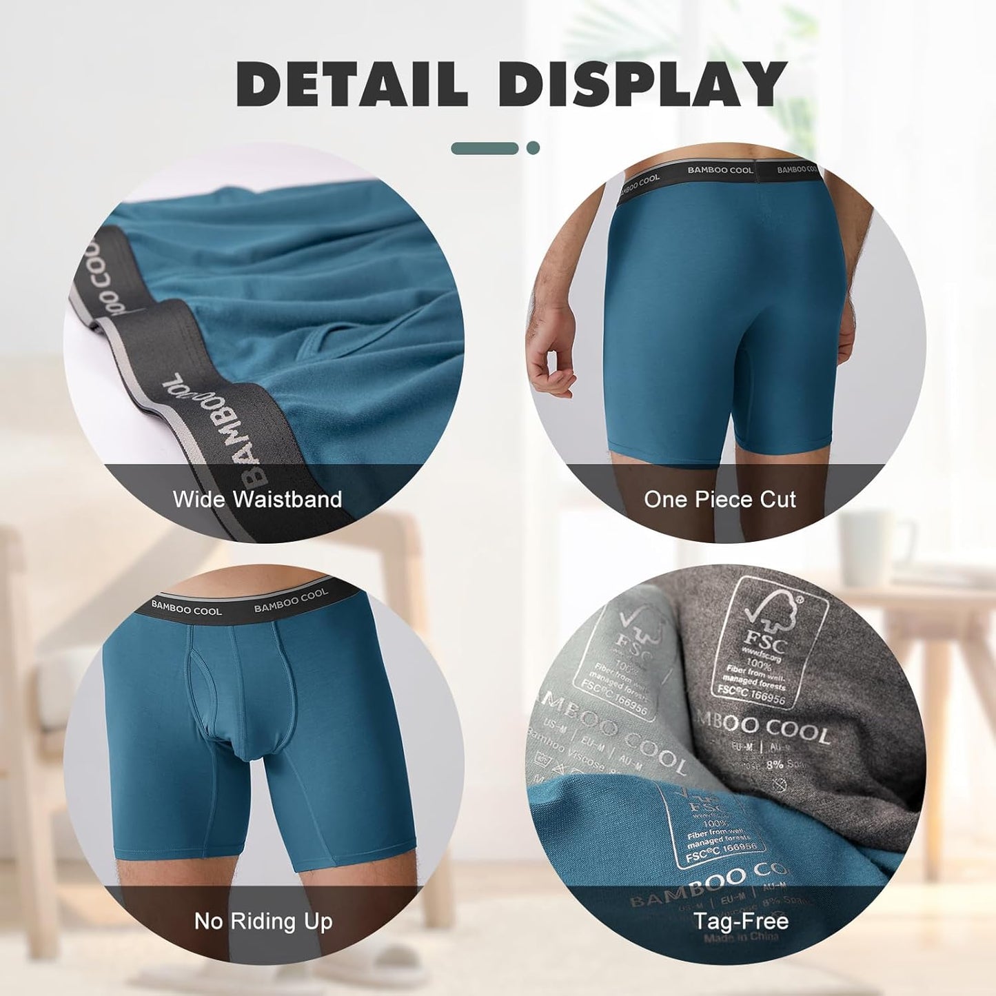 Comfortable bamboo men's boxer briefs with wide waistband and tag-free design for all-day wear
