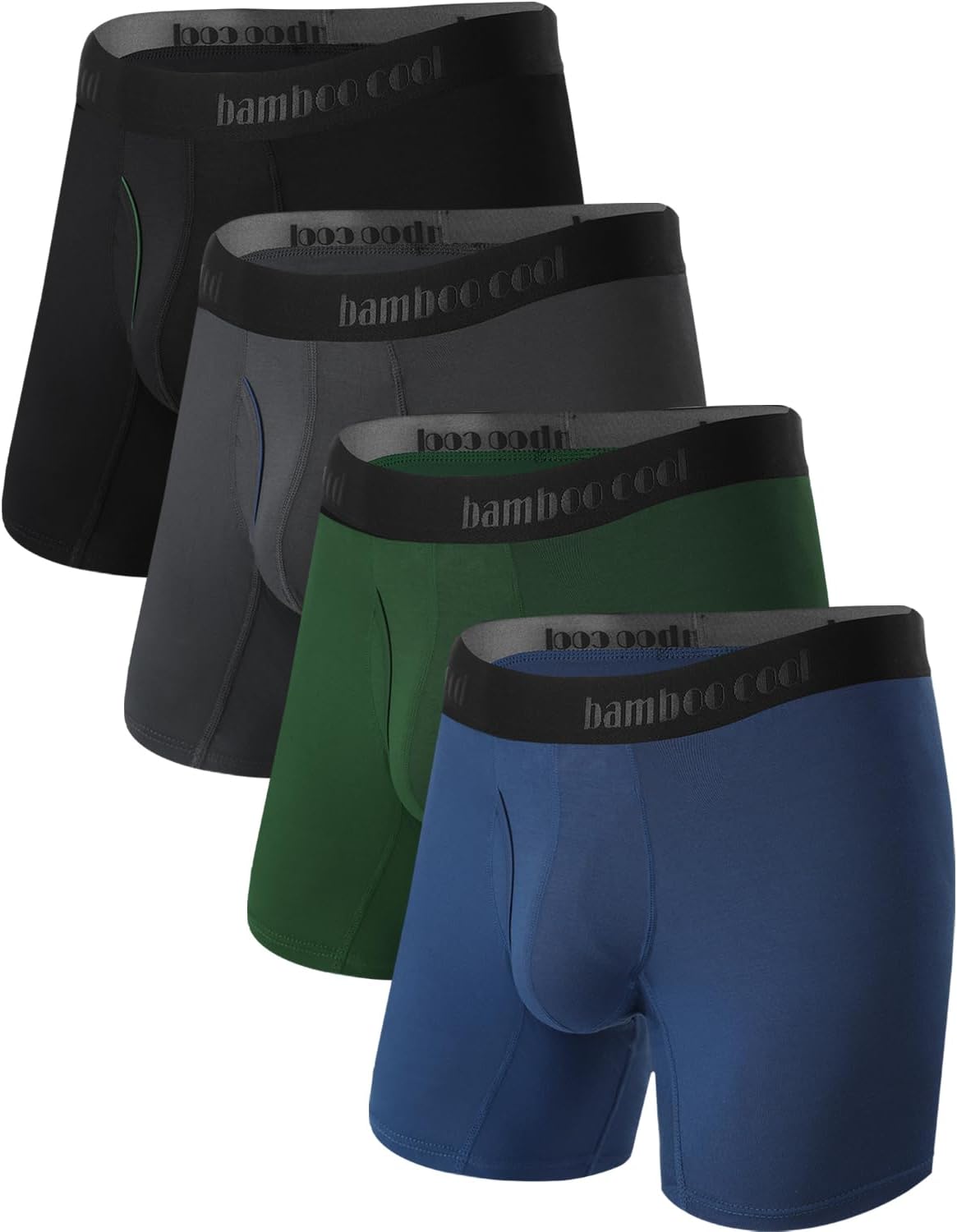 Modan Online bamboo men's boxer briefs in four colors: black, grey, green, and blue for comfort and style