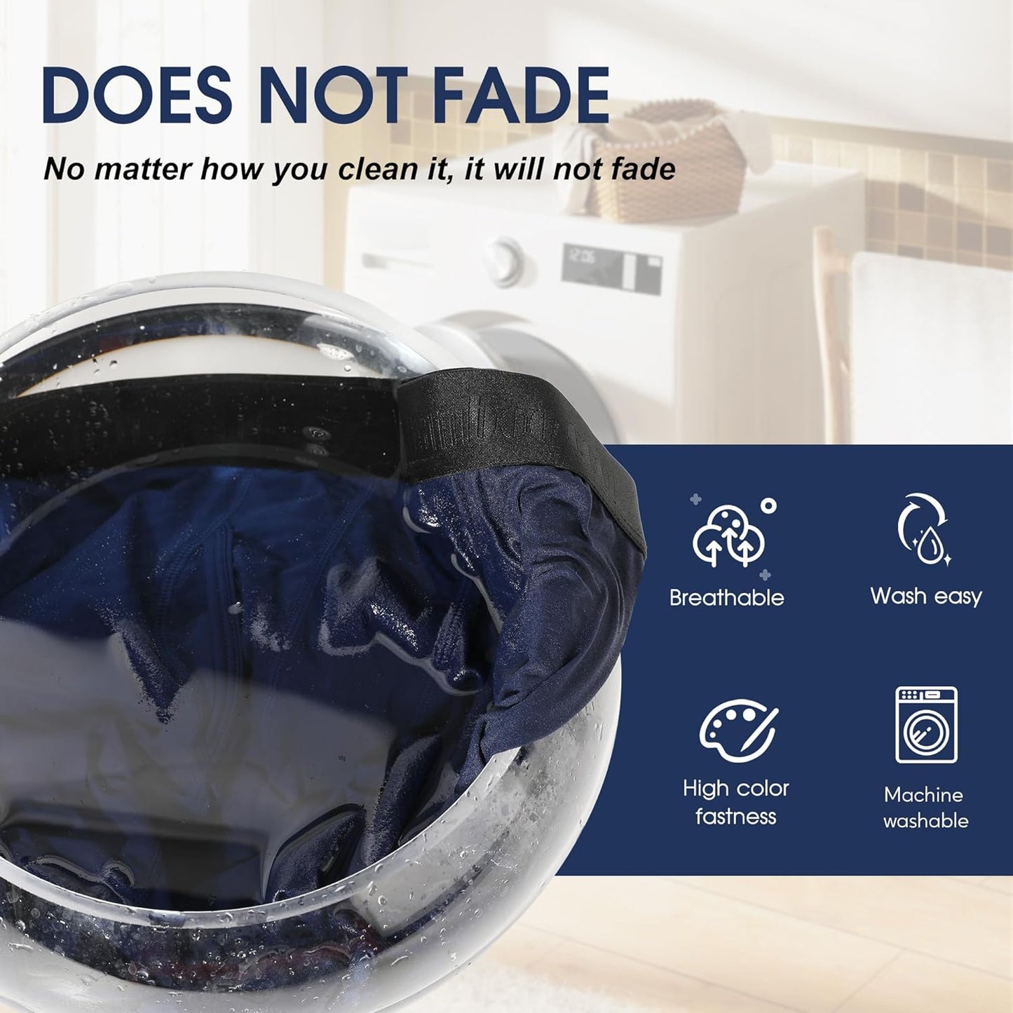 Breathable bamboo men's boxer briefs in navy blue showing easy care and color fastness features