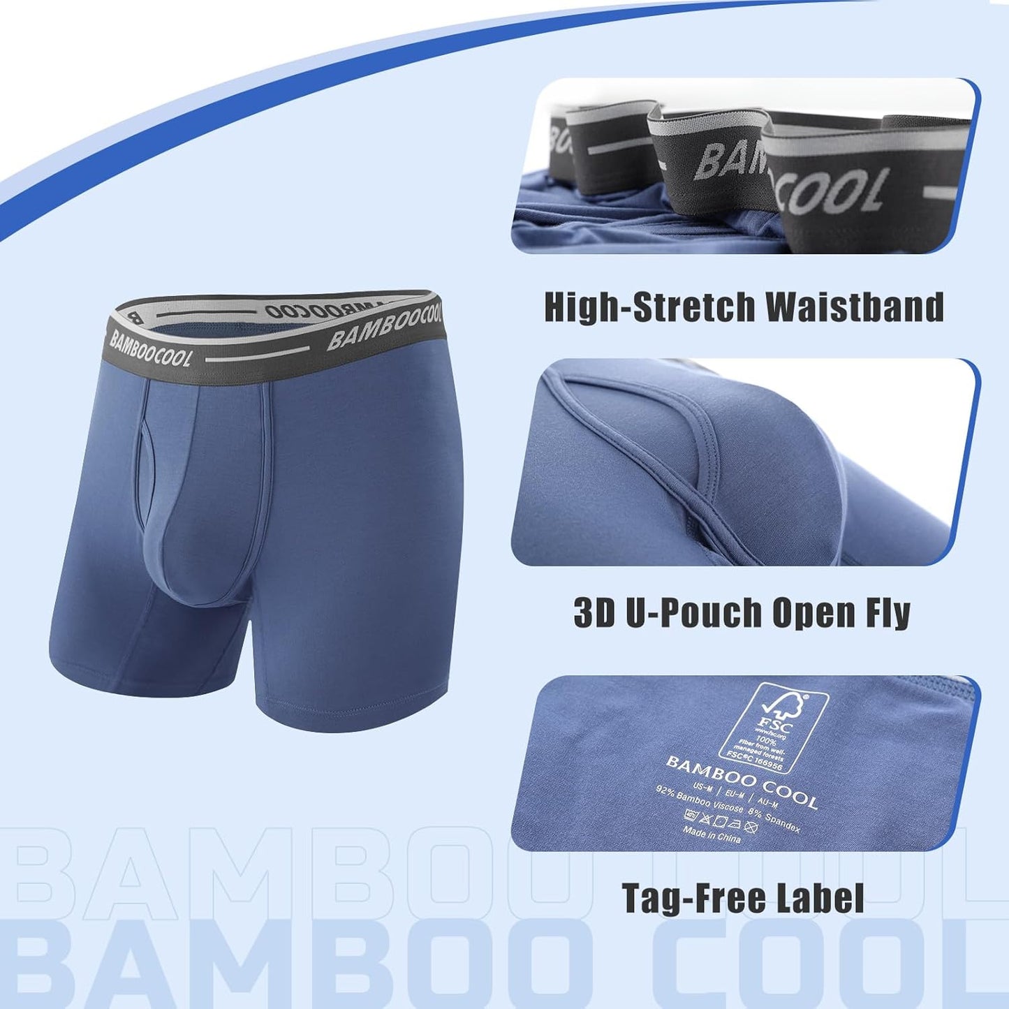 Comfortable bamboo men's boxer briefs with high-stretch waistband and 3D U-pouch design