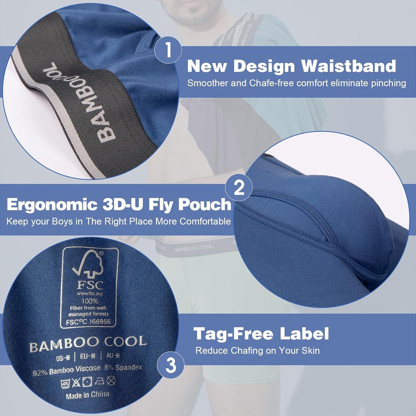 Modan Online bamboo men's boxer briefs with ergonomic 3D-U fly pouch and tag-free label for comfort