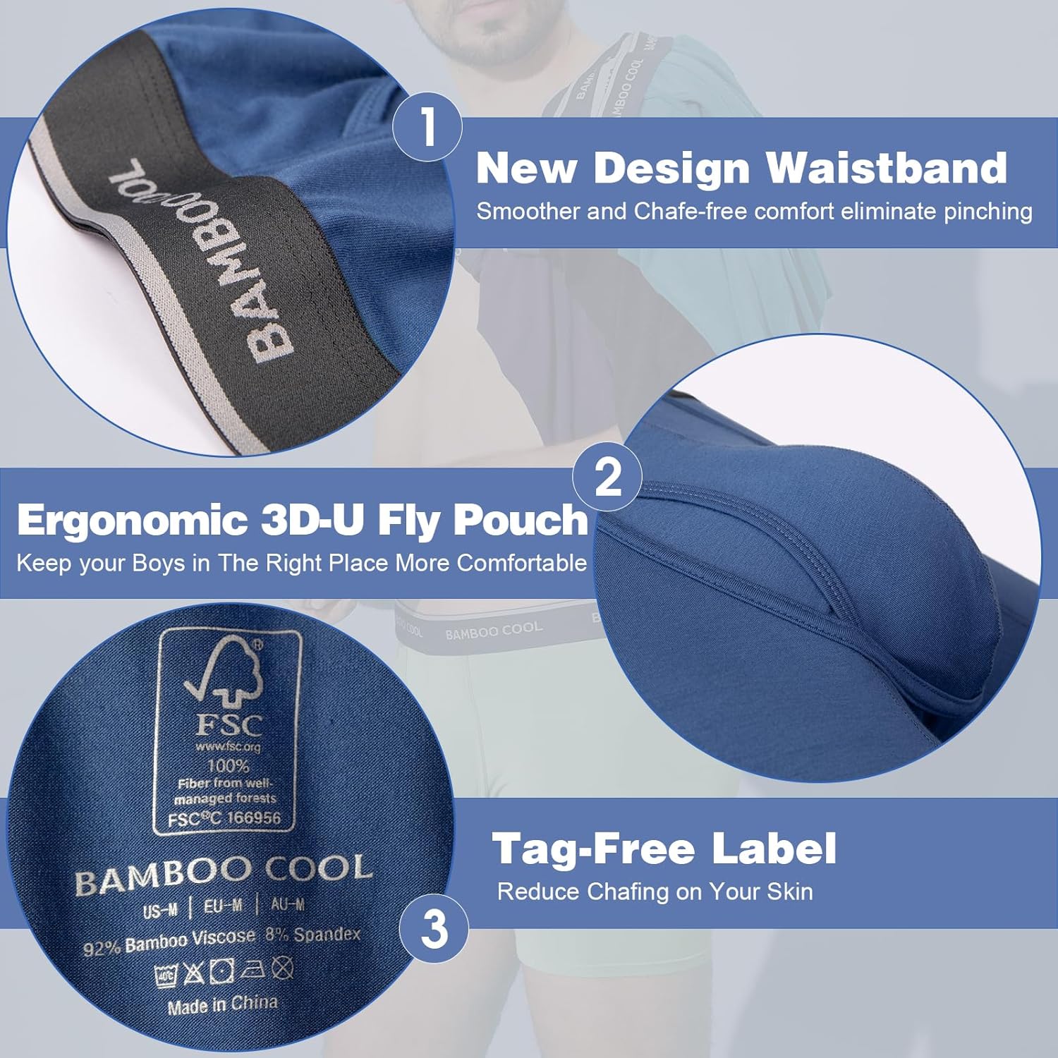 Modan Online bamboo men's boxer briefs with ergonomic 3D-U fly pouch and tag-free label for comfort